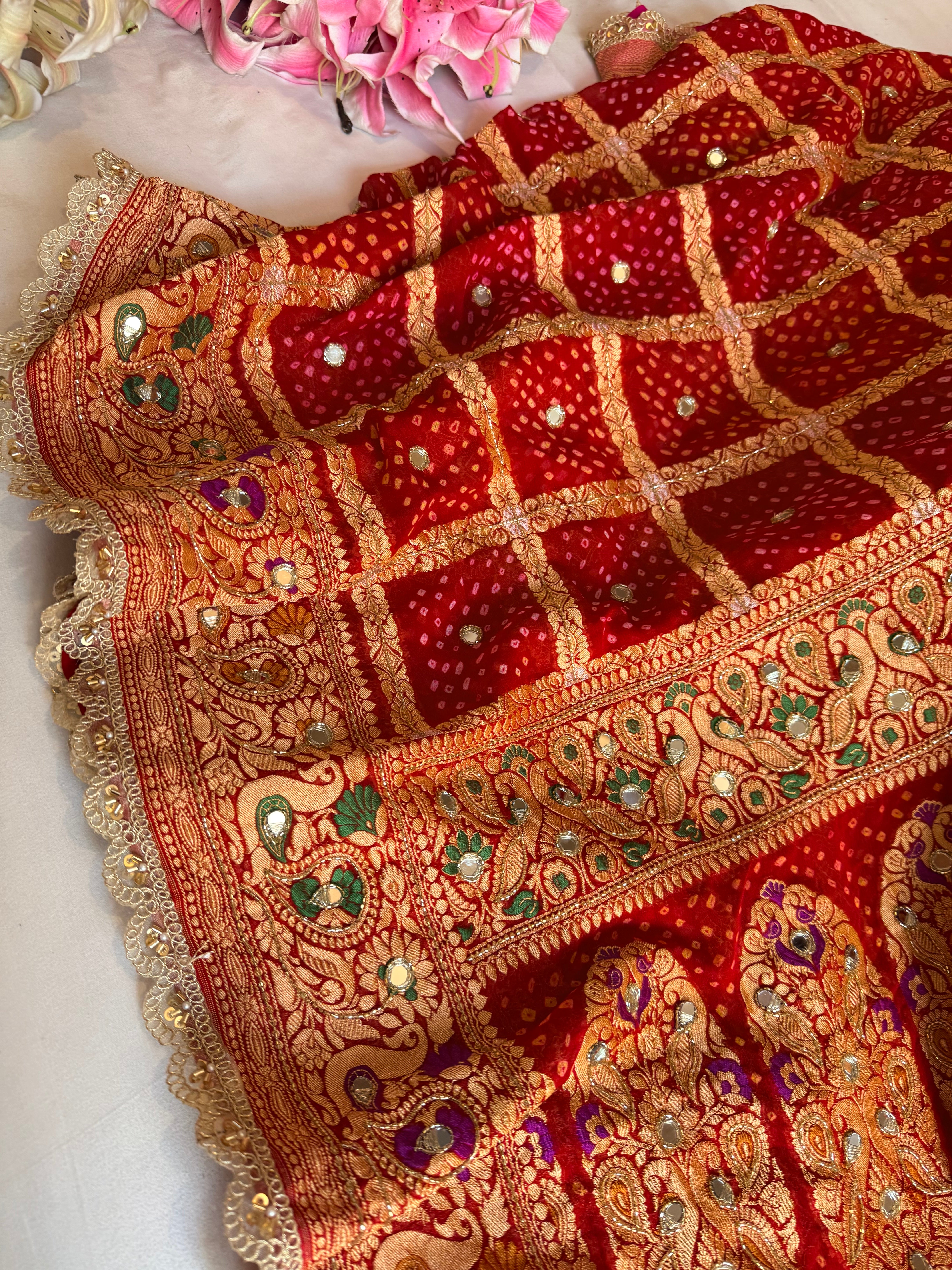 Bandhej saree ka sandook -  blood red shaded chiffon gorgette banarasi bandhej saree