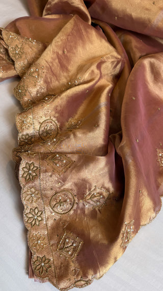 Husn blush pink tissue silk heavy zardozi hand embroidered saree