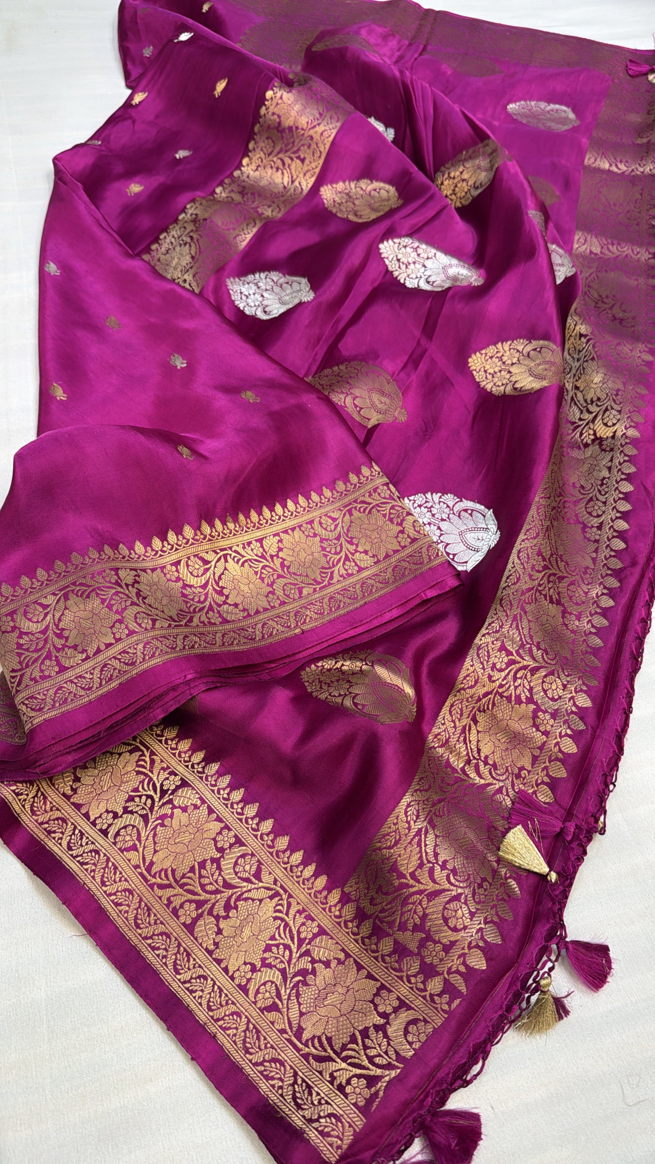 Mashru satin silk rani pink banarasi saree