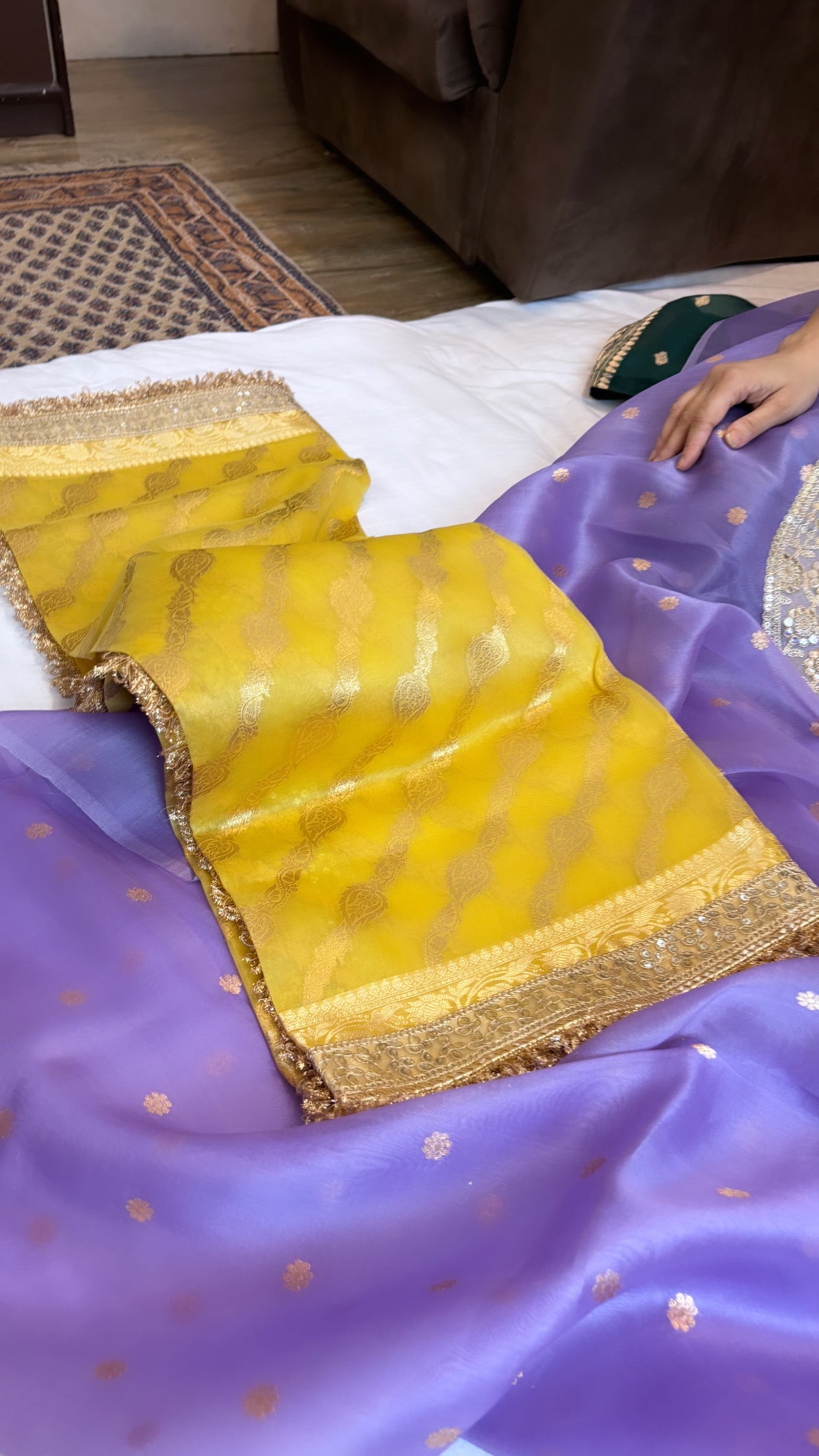 Bright lavender-yellow shade heeramandi suit set