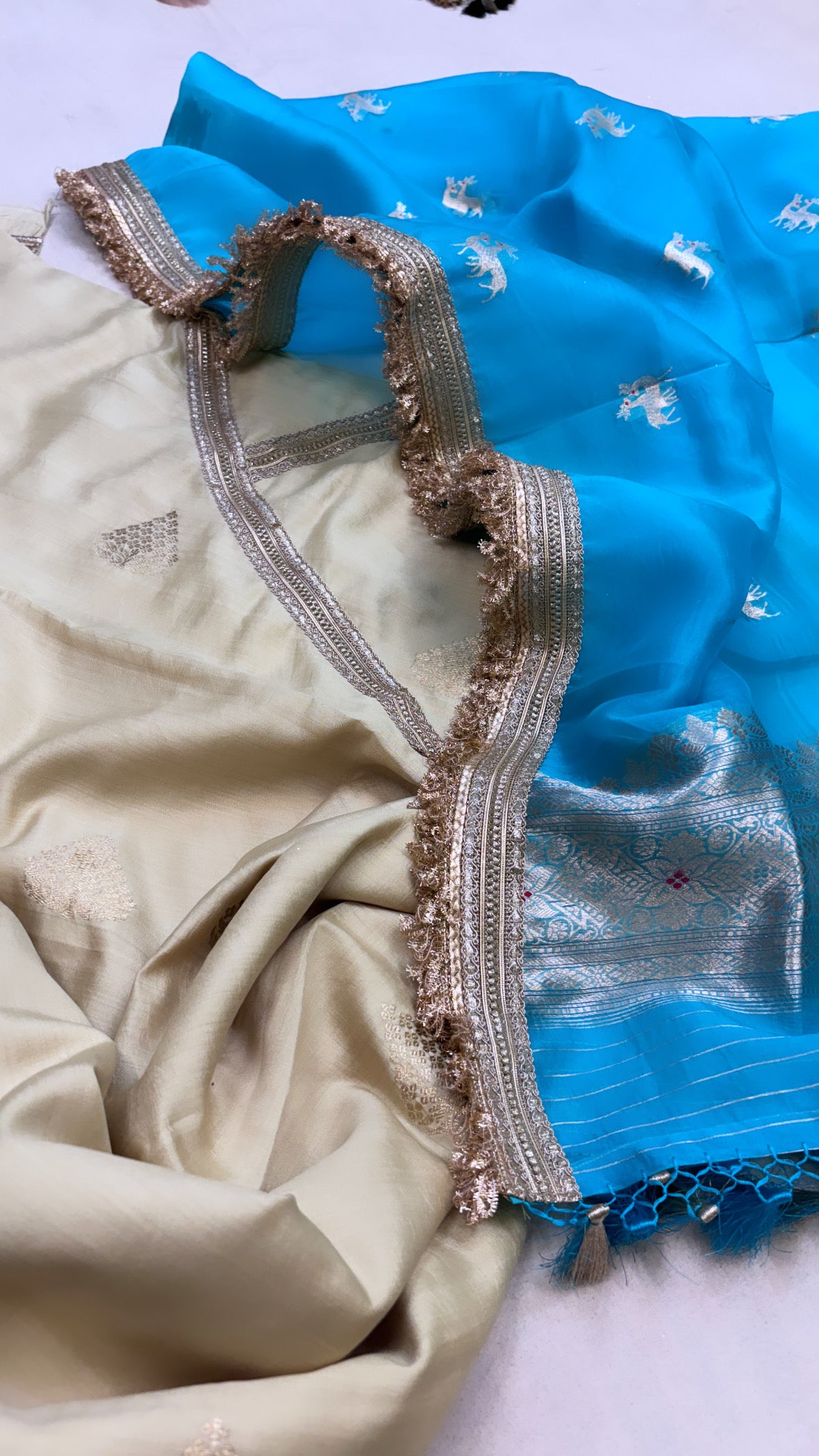 Heeramandi lime-firozi blue silk hand embroidered suit set