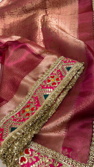 Fuschia pink maharani tissue silk meenakari border saree