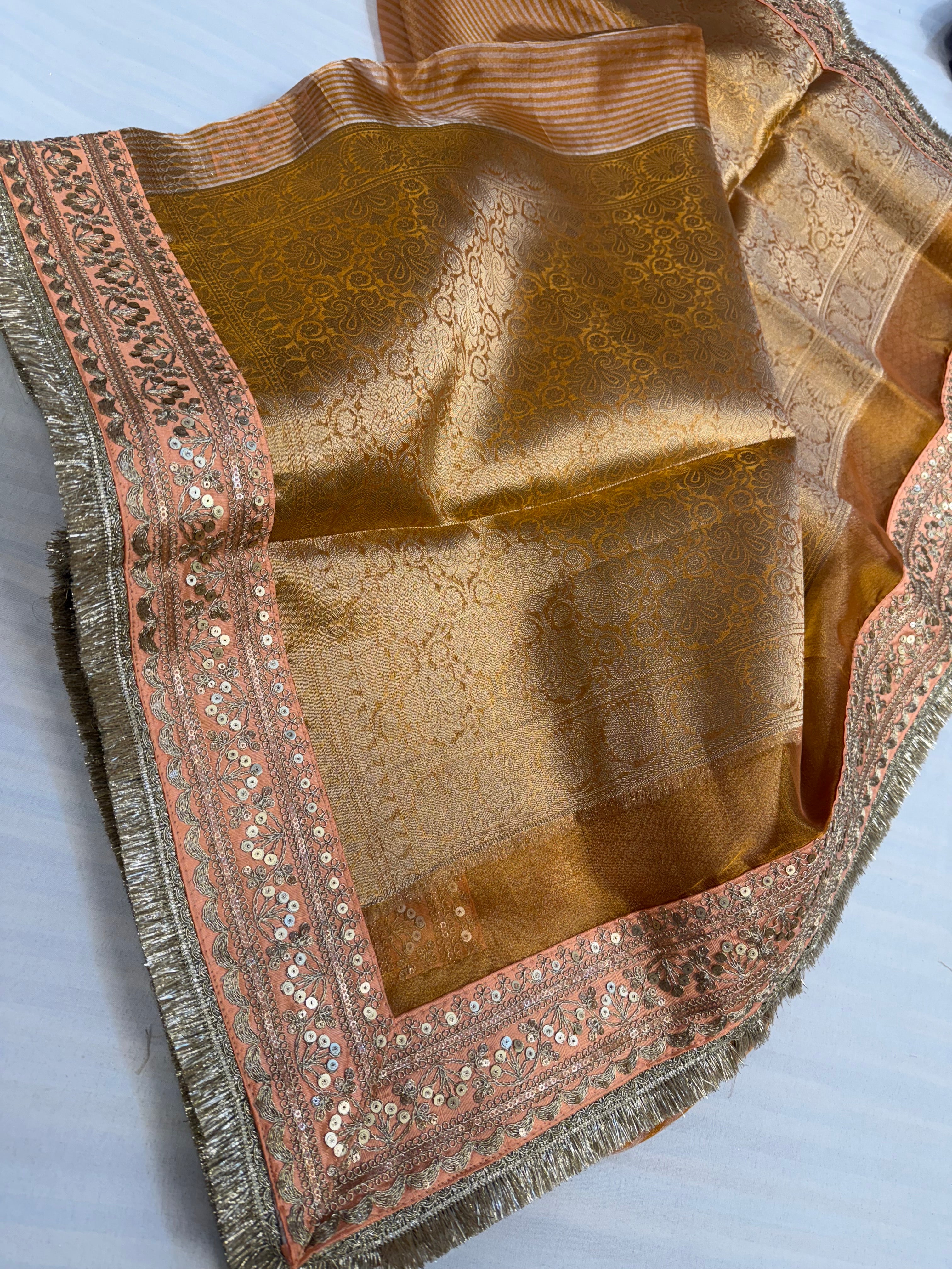 Fanta orange maharani tissue silk striped kadhwa saree