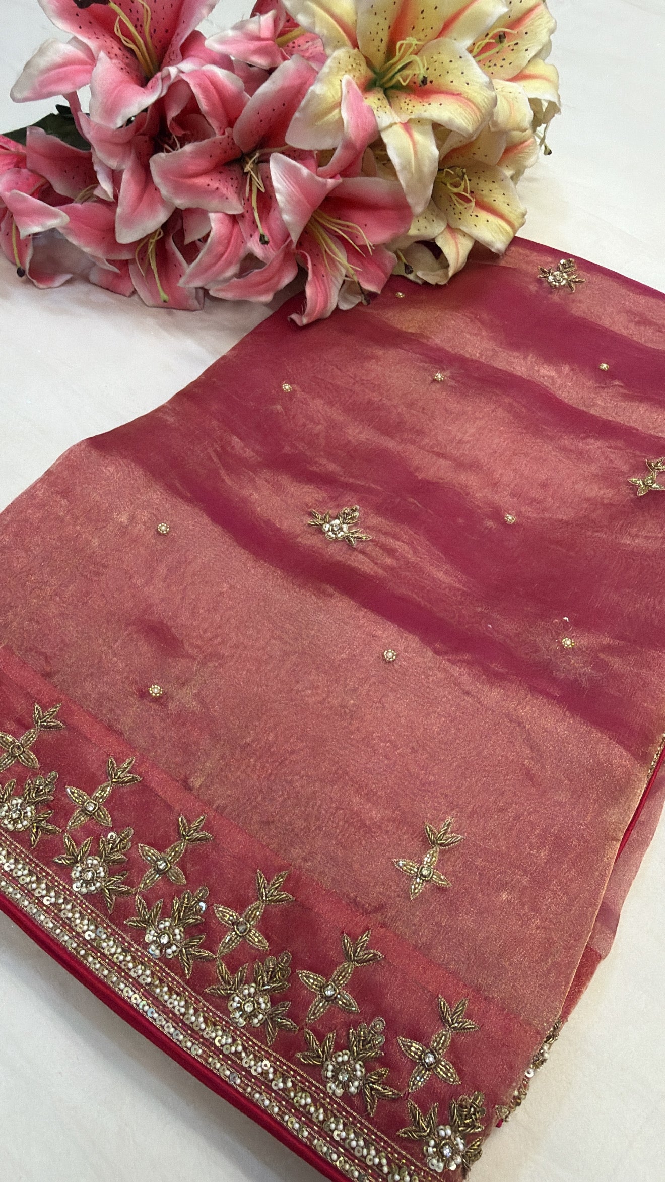 Cranberry rani pink husn tissue silk hand embroidered saree