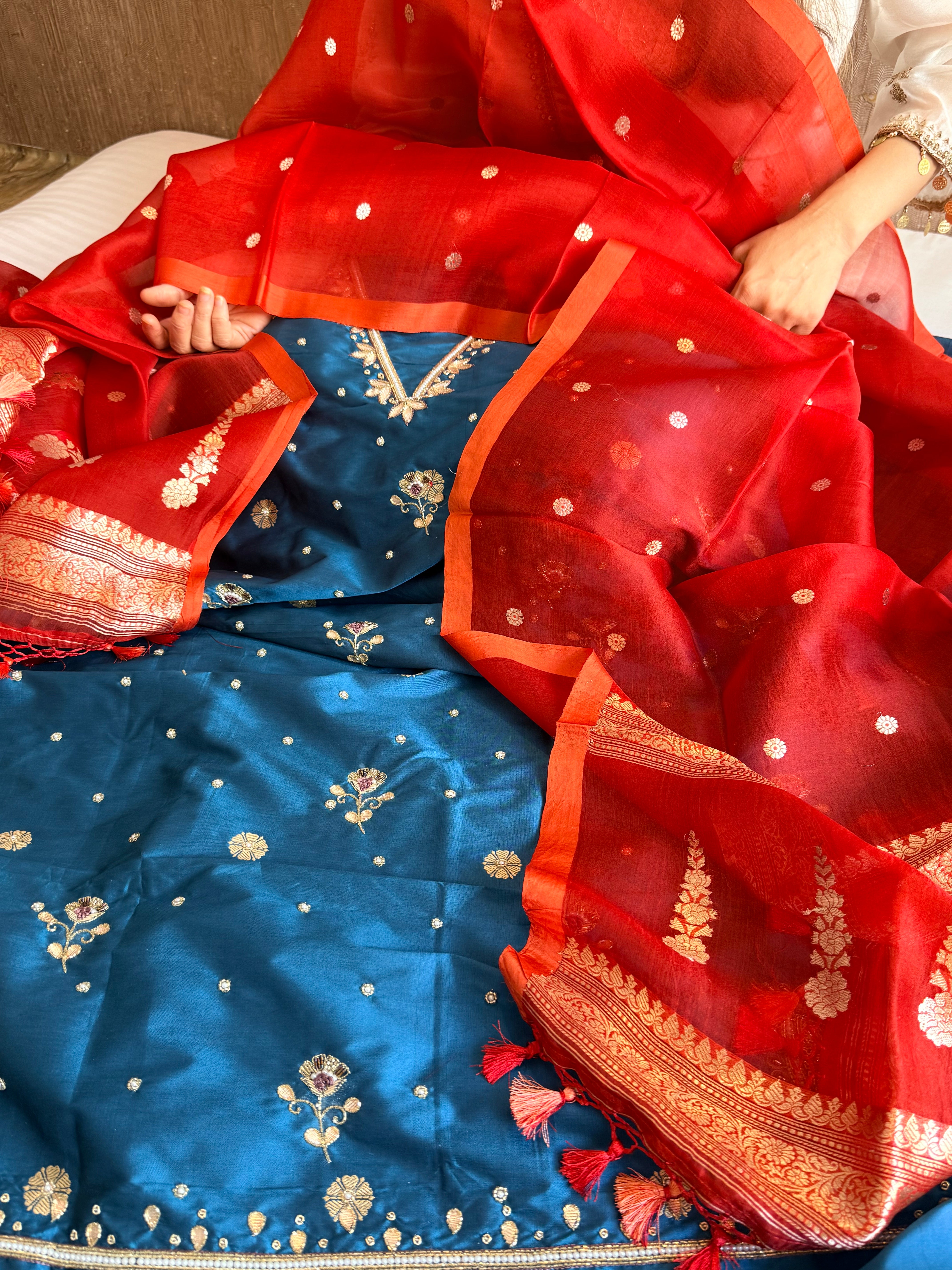 Katan silk hand embroidered banarasi kurta paired with kora silk duppata