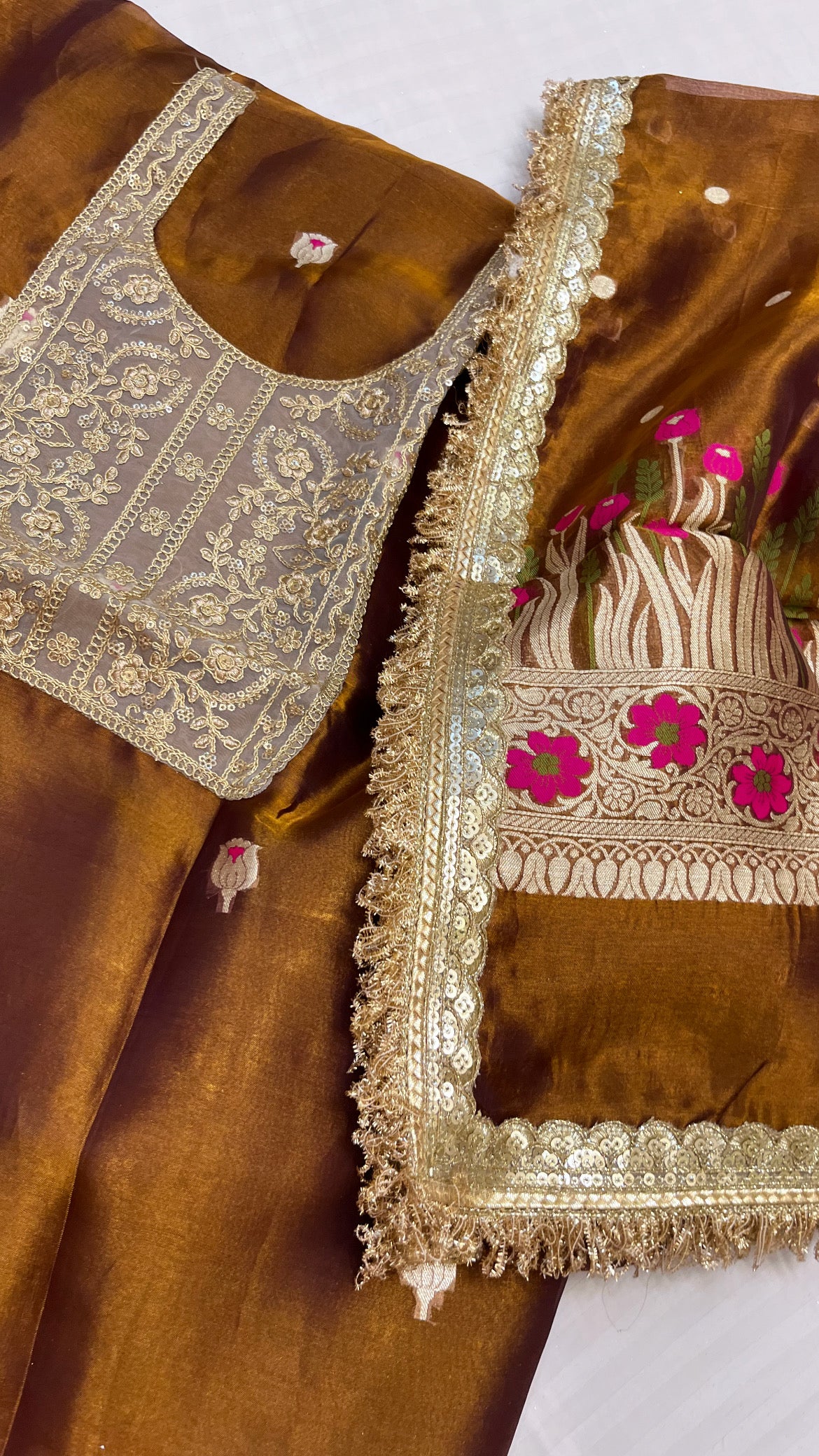 Heeramandi molten gold tissue silk meenakari suit set