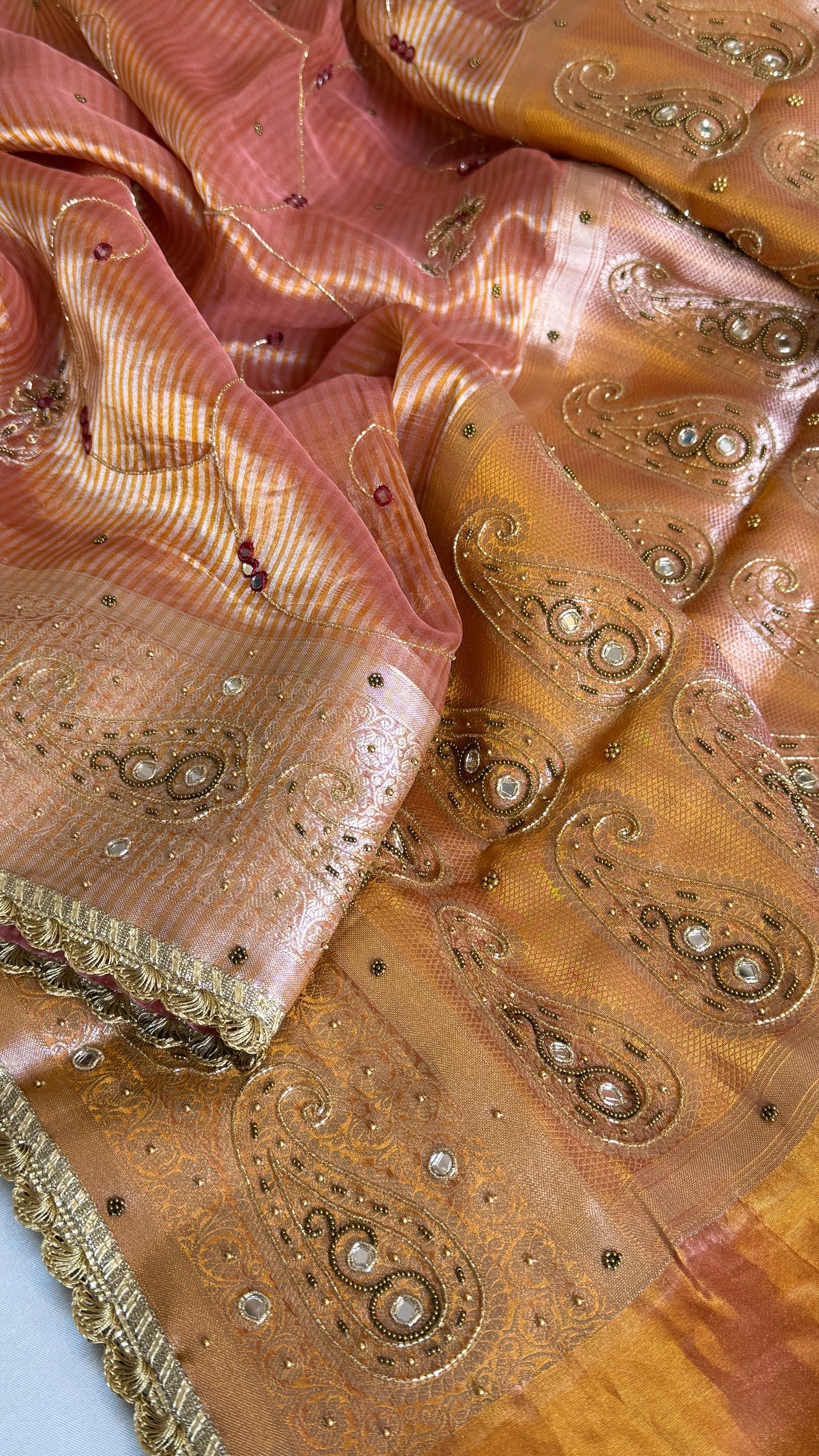 Begum bano Mirror work ambi motif peach striped tissue silk hand embroidered saree
