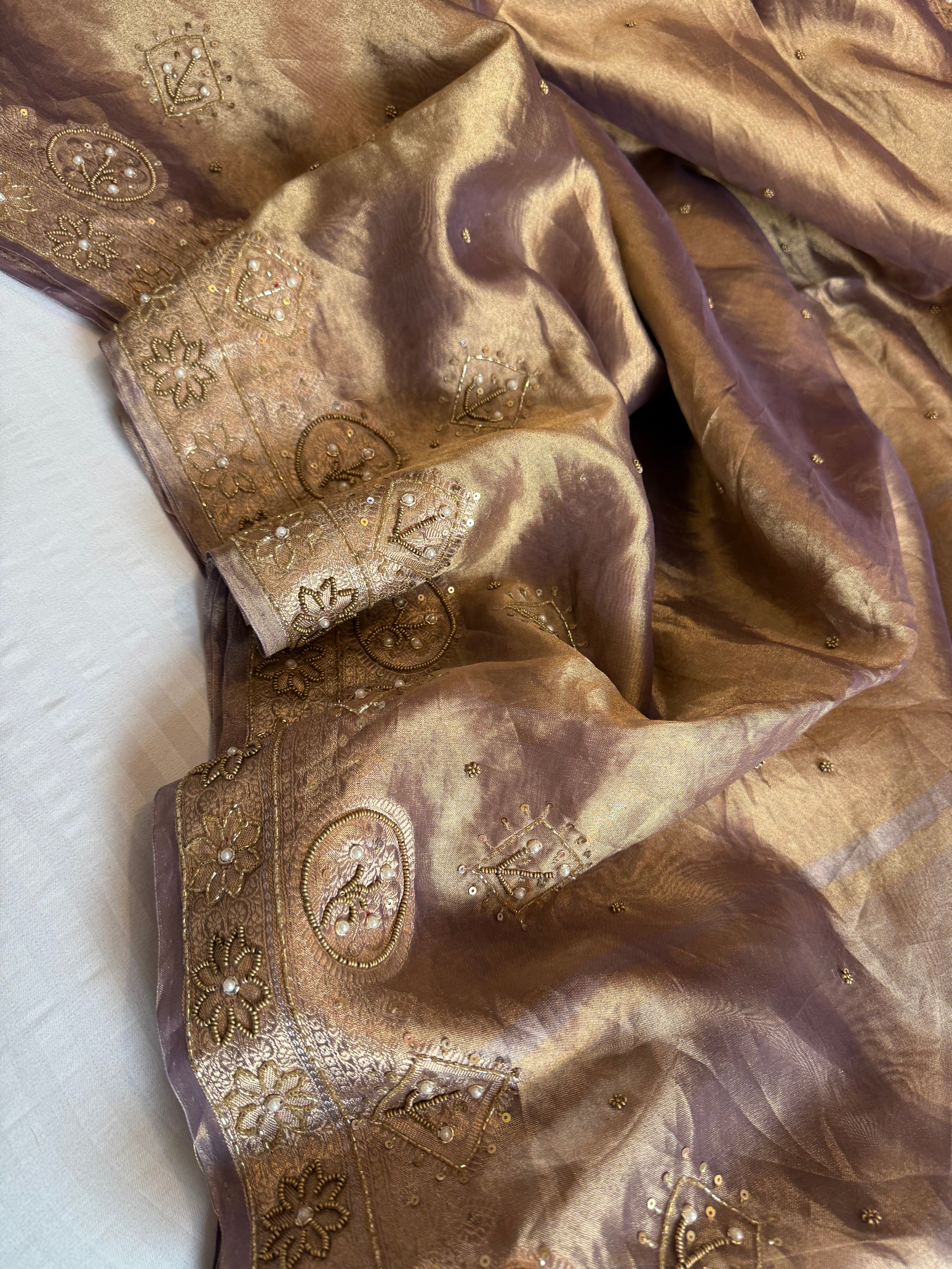 Husn dusty lilac tissue silk heavy hand embroidered saree