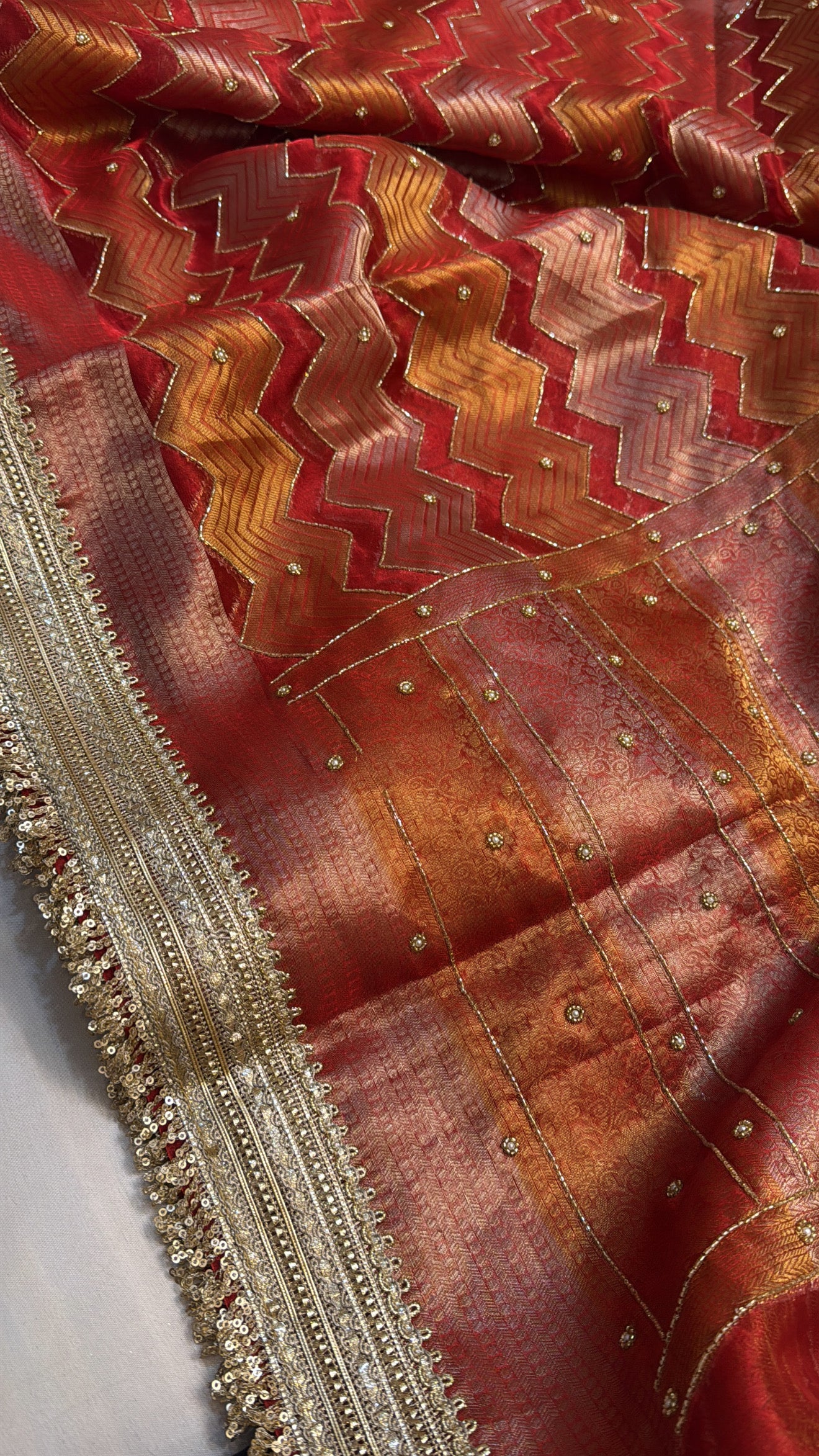 Dulhan ka joda husn red tissue silk brocade hand embroidered kadhwa saree