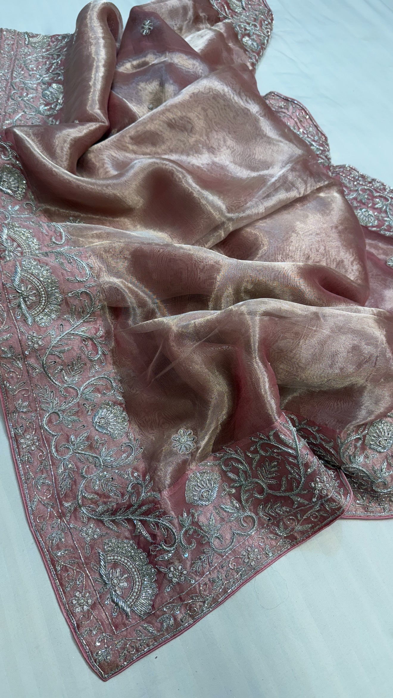 Gulab ki pankhuri husn tissue silk heavy zardozi border hand embroidered saree