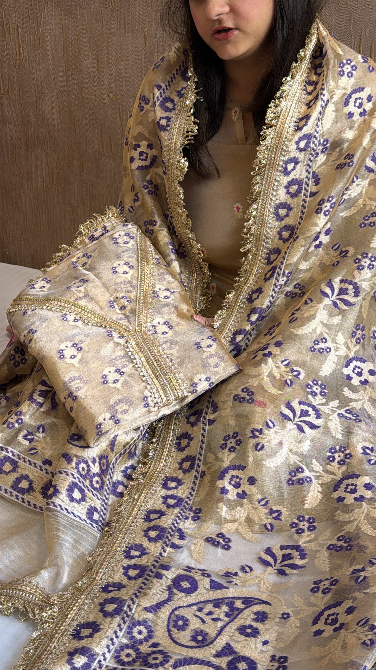 Vivah edit - Golden tissue silk jamdani meenakari weaving hand embroidered kadhwa suit set