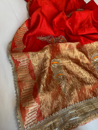 Mastani edit - Tomato red moonga silk hand embroidered kadhwa saree