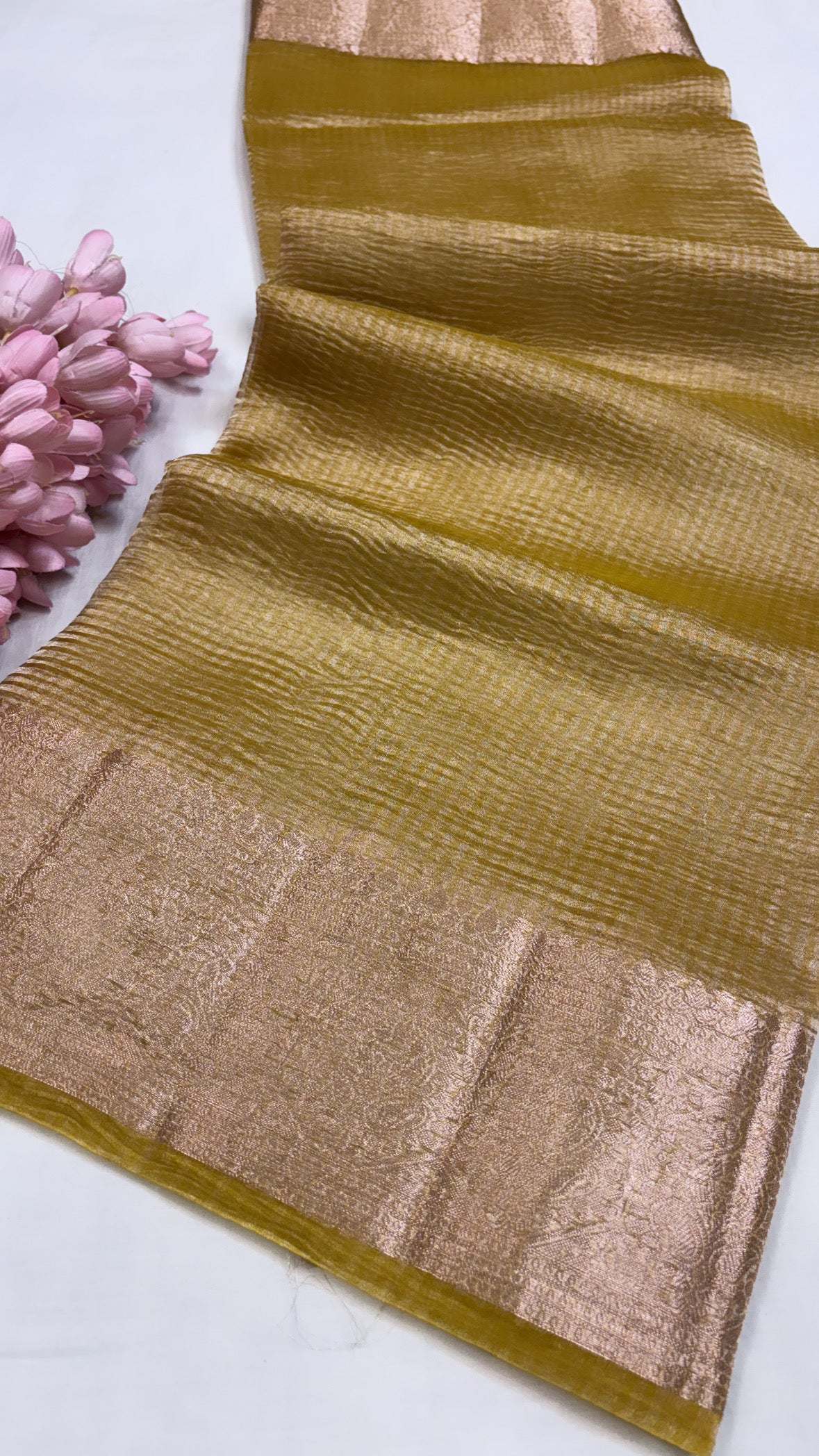 Pure banarasi golden yellow crushed tissue silk handwoven kadhwa saree with intricate border and kadhwa blouse