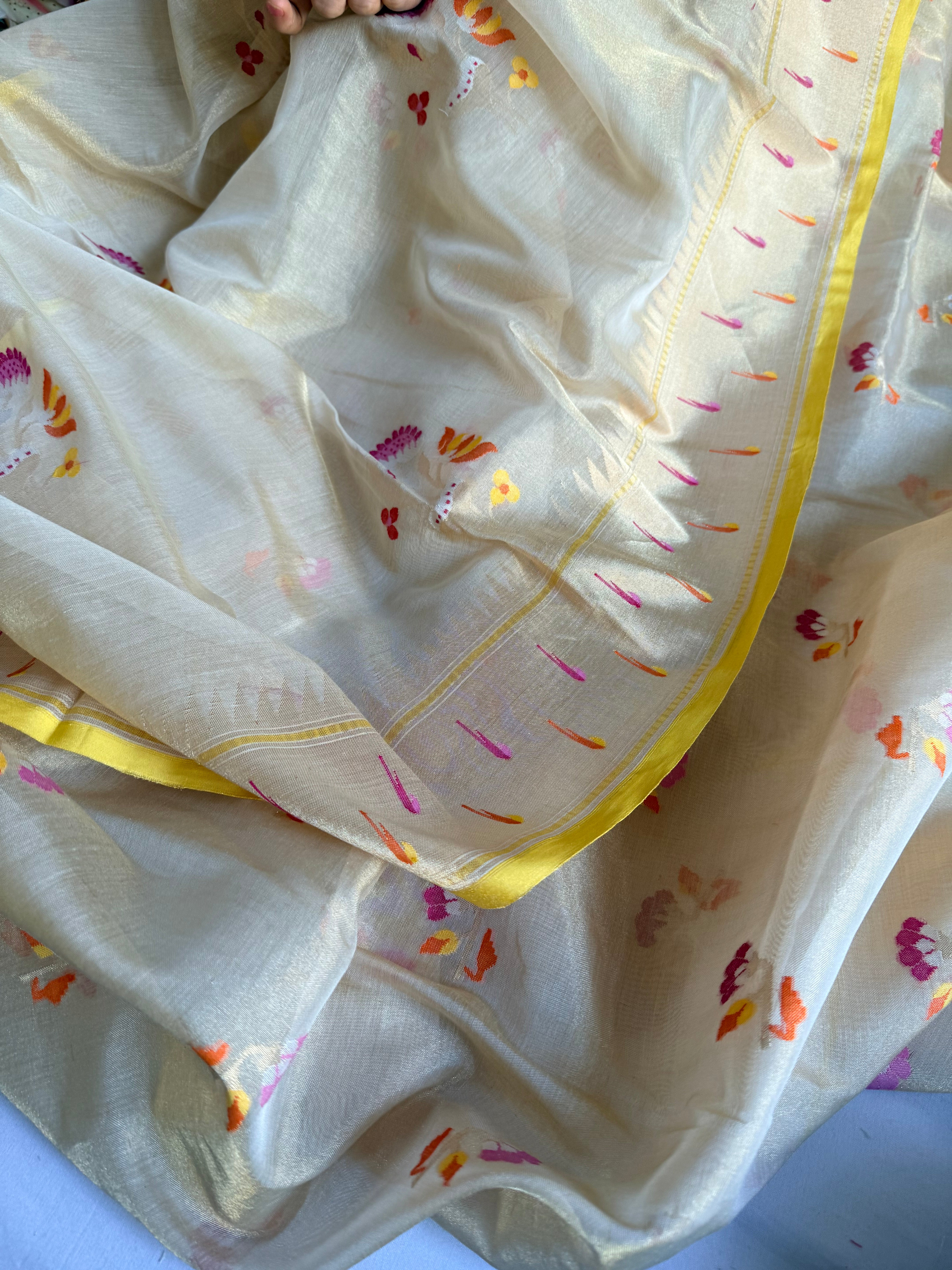 Ivory mul cotton tissue iktara jamdani paithani border suit set