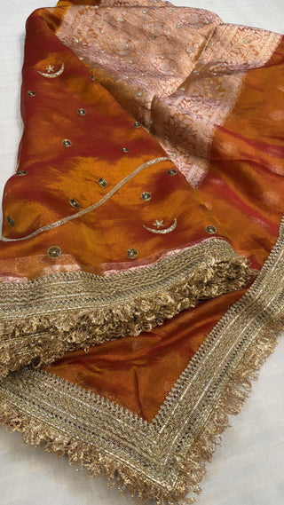 Dulhan wali saree - Rustic orange husn tissue silk hand embroidered saree