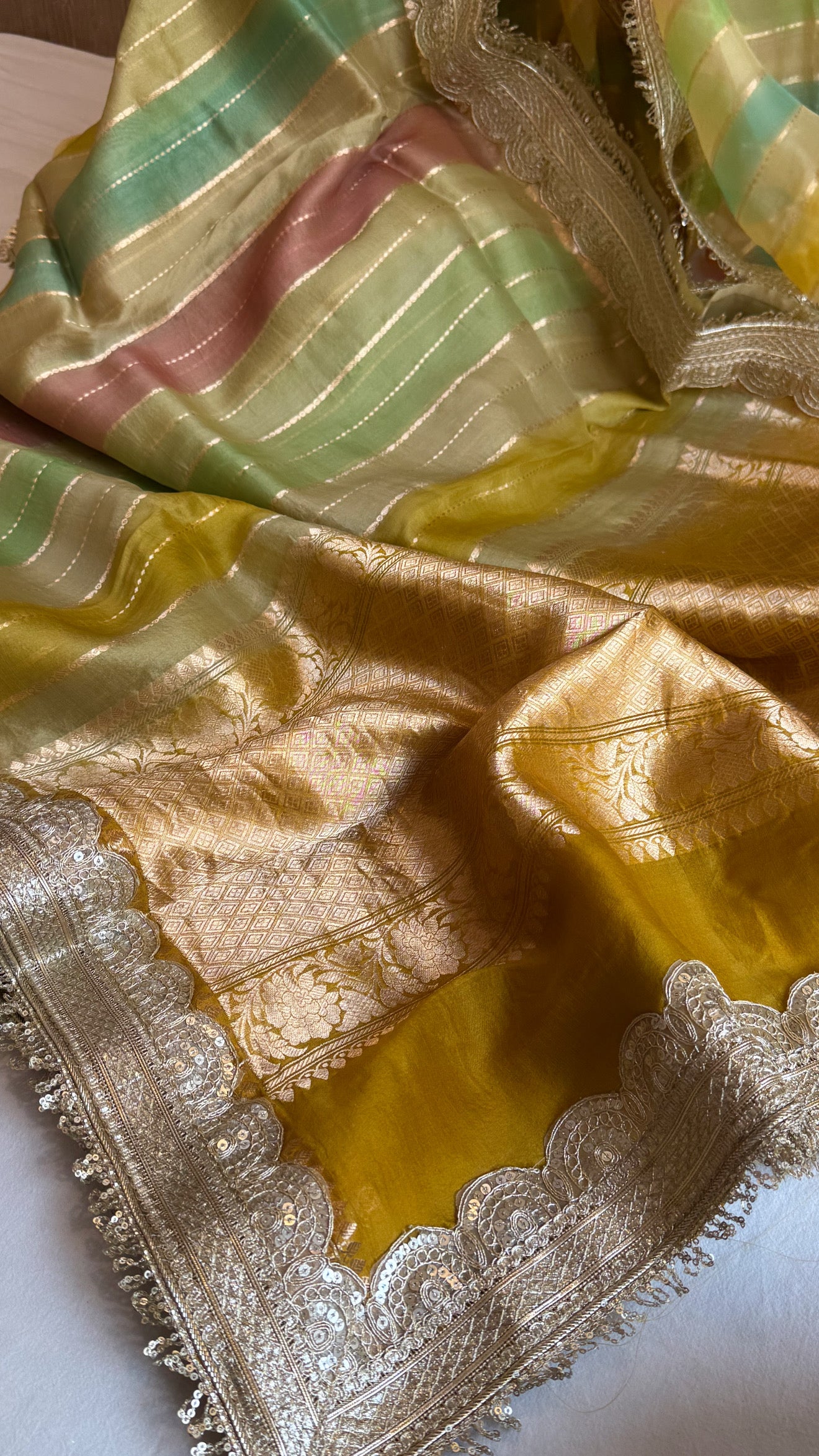 Rangeela kora silk striped rangkaat dye kadhwa weaving banarasi saree
