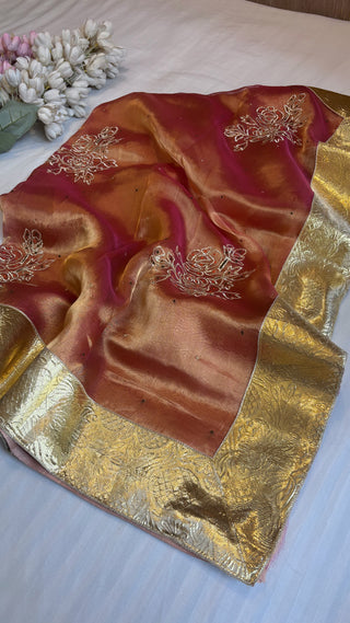 Husn reddish orange tissue silk lampi gotapatti border saree