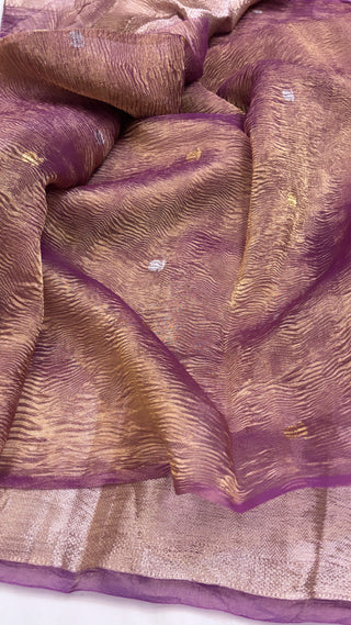 Pure banarasi purple crushed tissue silk handwoven kadhwa saree with intricate border and kadhwa blouse