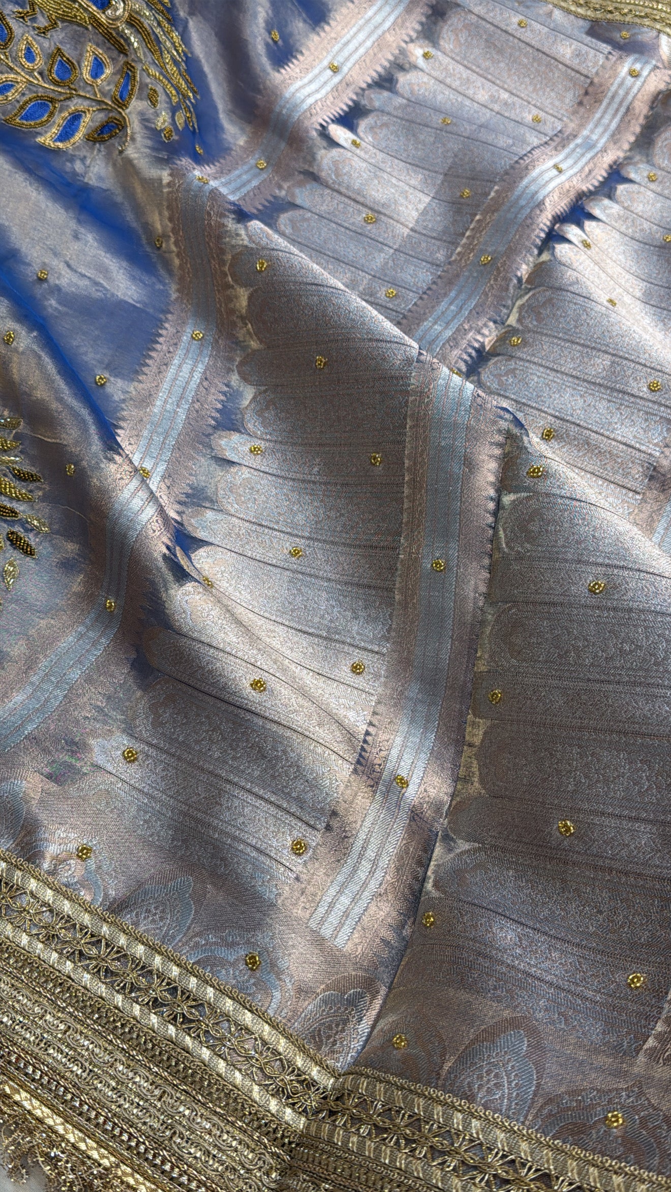 Royal ink blue tissue silk peacock motif kadhwa hand embroidered saree