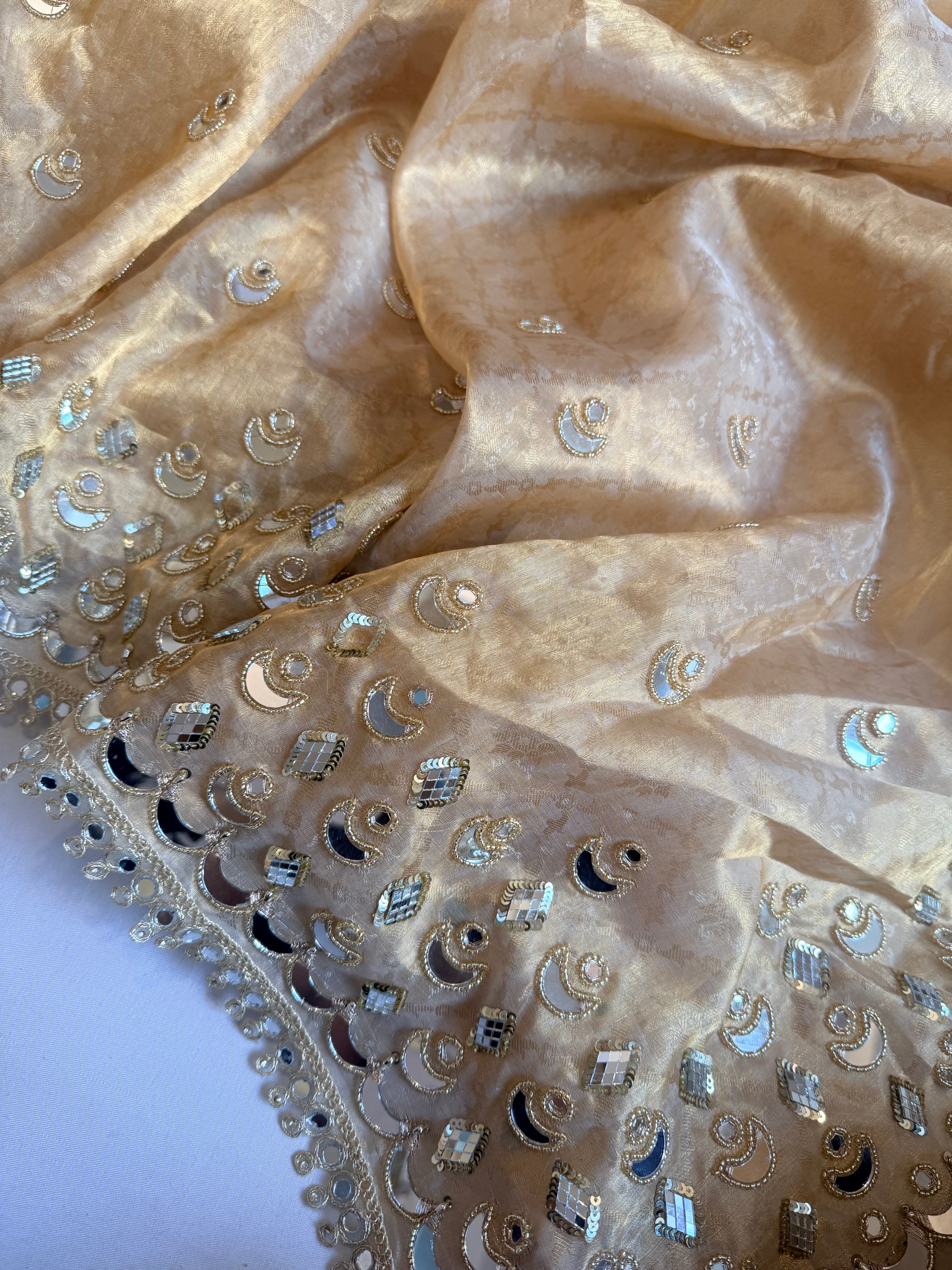 Butter gold tissue silk mirror work hand embroidered kadhwa saree