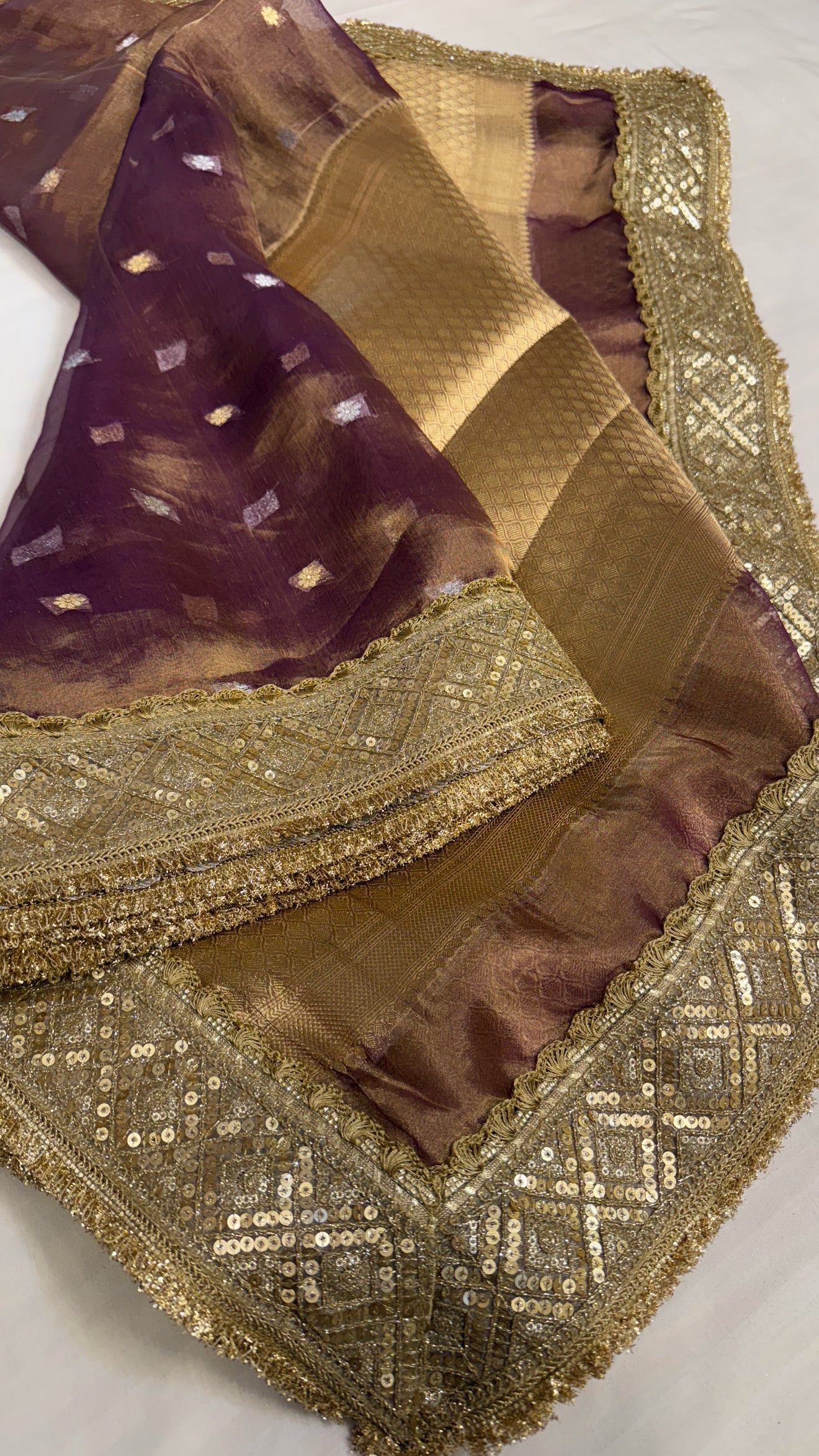 Maharani deep grapewine purple tissue silk kadhwa buti saree
