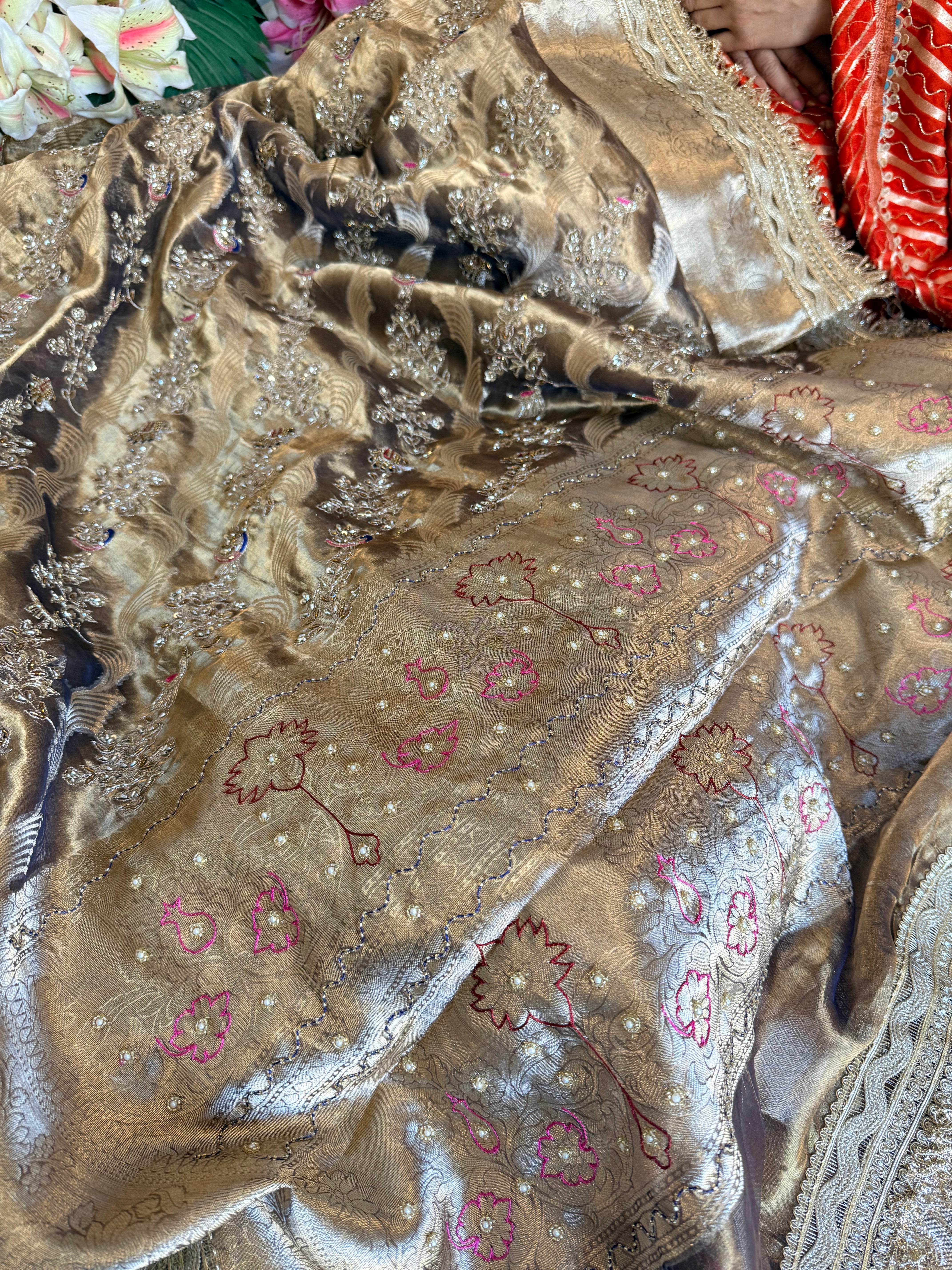 Kanjivaram blue tissue silk shikargah motif hand embroidered saree