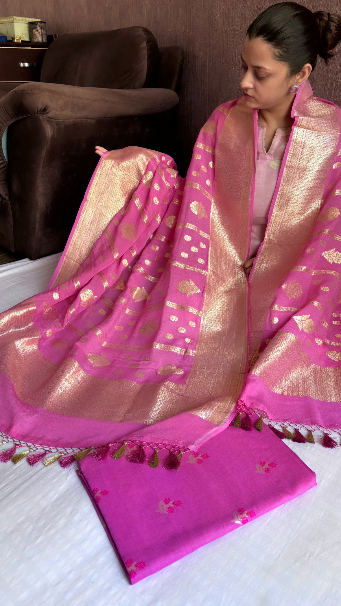 Strawberry pink moonga silk meenedar kadhwa suit set