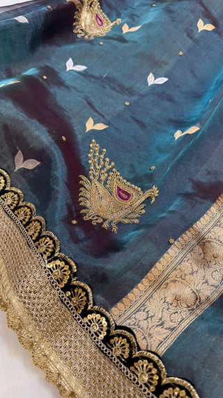 Baarat wali saree - Peacock blue husn tissue silk hand embroidered saree