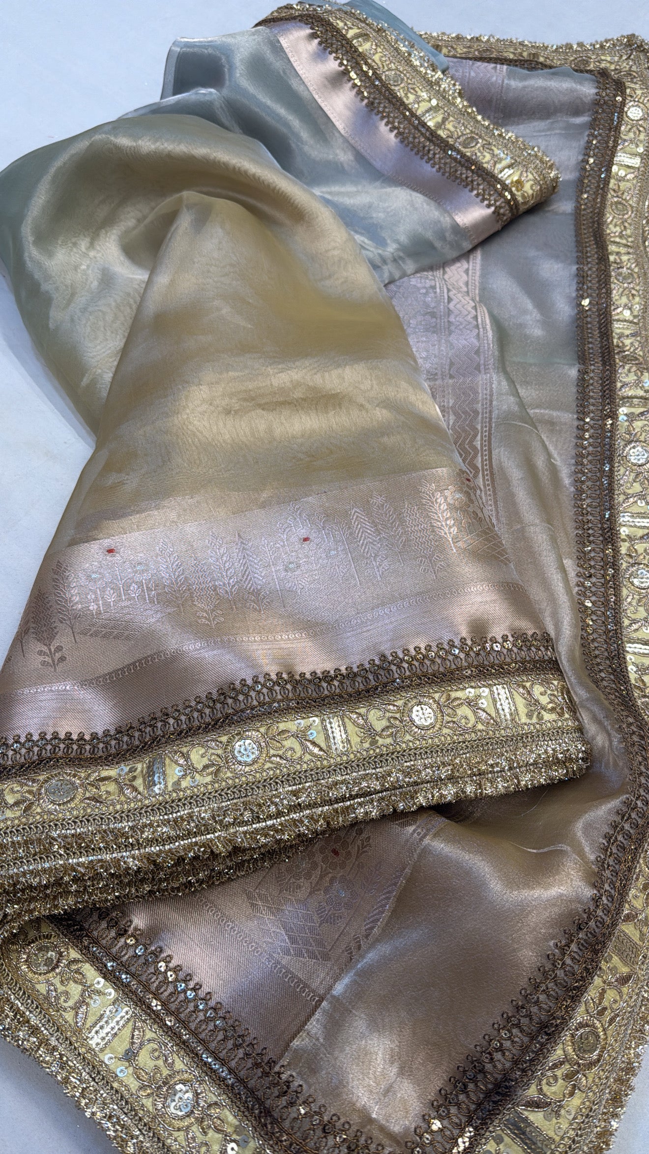 Golden Maharani tissue silk shaded multicoloured kadhwa saree