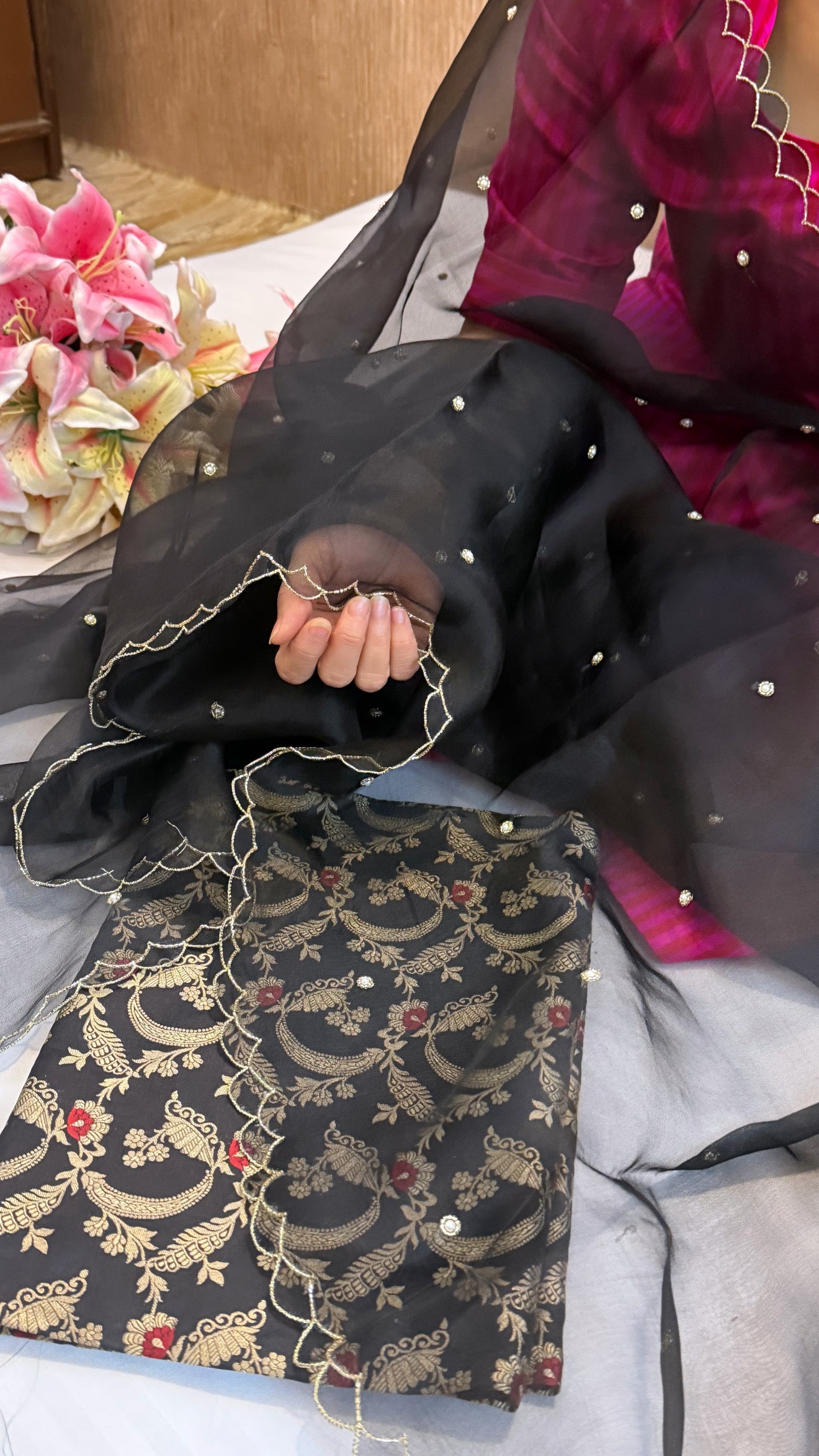 Black katan silk jungla meenakari kurta paired with scalloped kora silk duppata set
