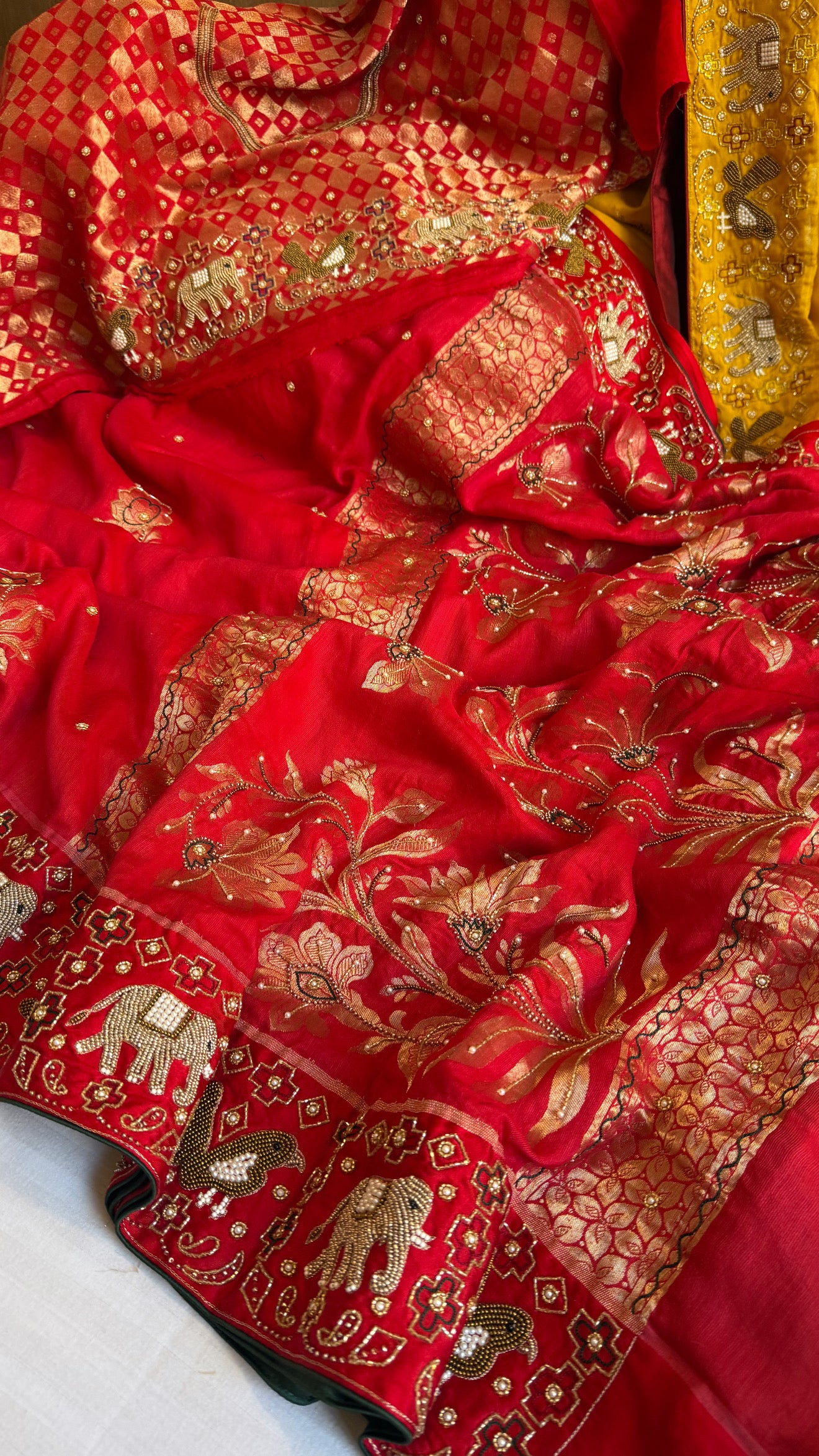 Moonga silk ikkat Patola weaving inspired hand embroidered kadhwa weaving saree