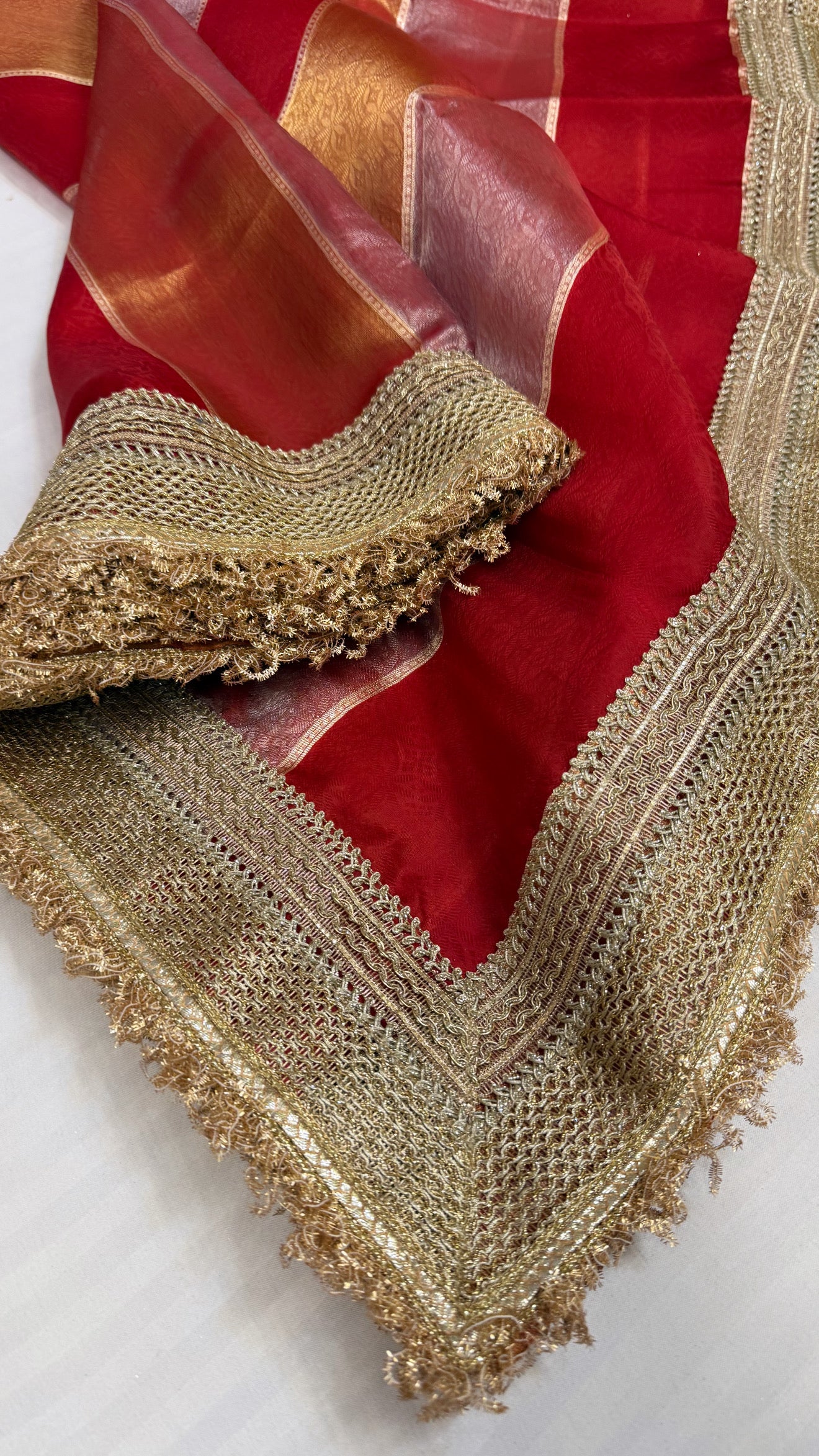 Maharani blood red tissue silk striped kadhwa saree