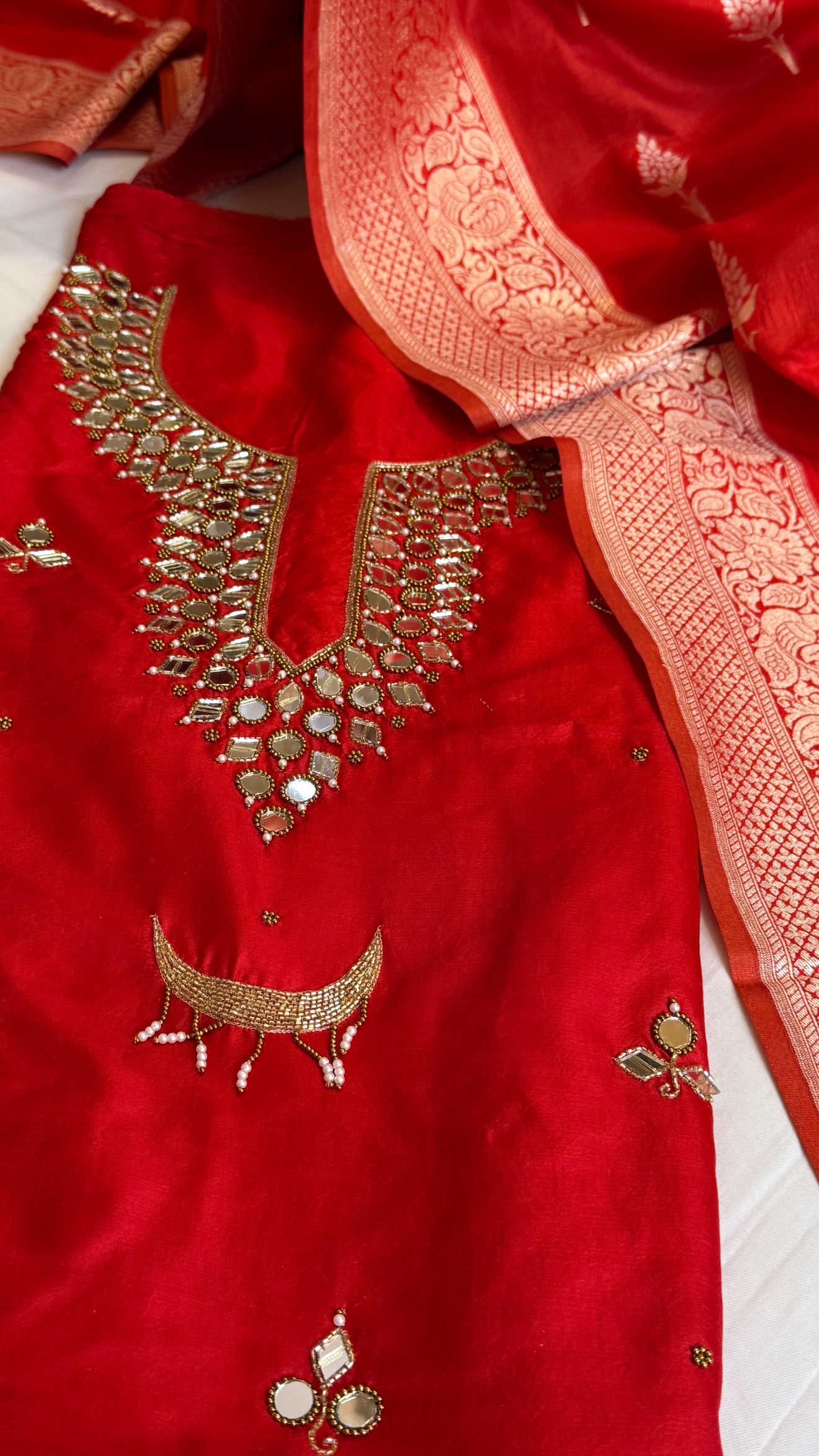 Sheesham blood red mirror work hand embroidered katan silk suit set