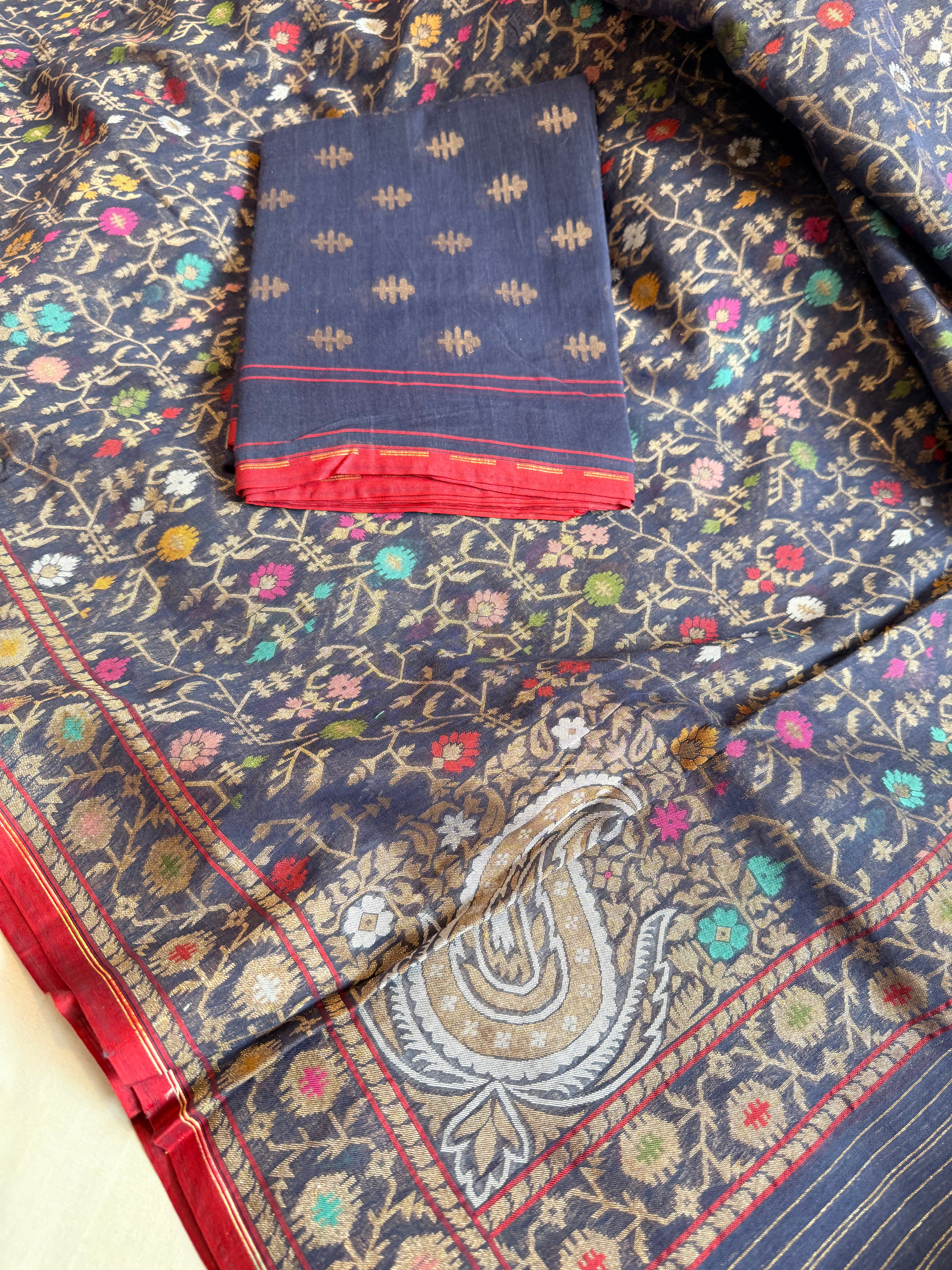 Banarasi iktara jamdani navy blue sona rupa kadhwa suit set