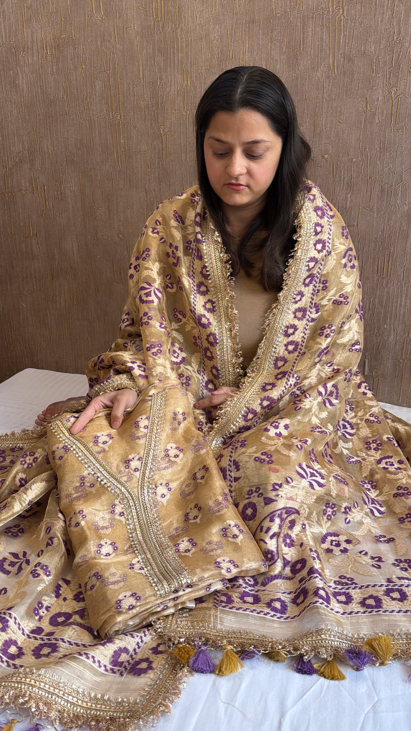 Vivah edit - Golden tissue silk jamdani weaving meenakari hand embroidered suit set