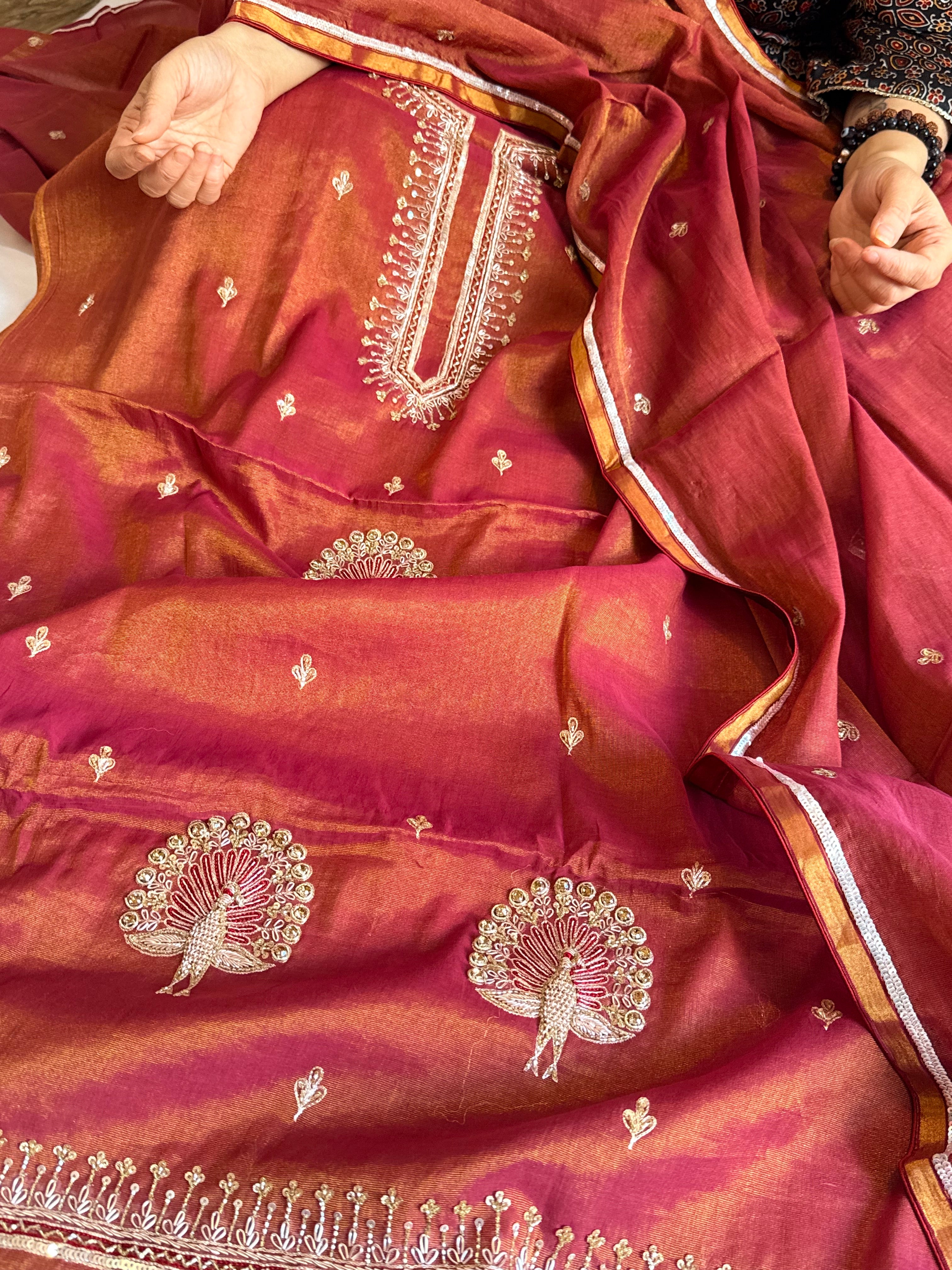 Rani pink mul cotton tissue silk hand embroidered kadhwa suit set