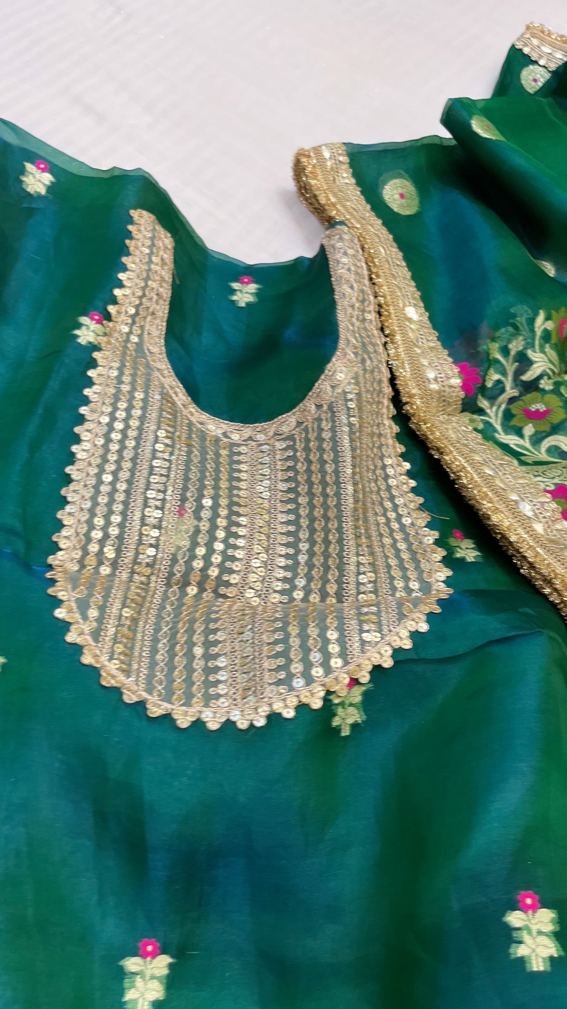 Heeramandi peacock greenish-blue dhup chao effect tissue silk meenakari suit set