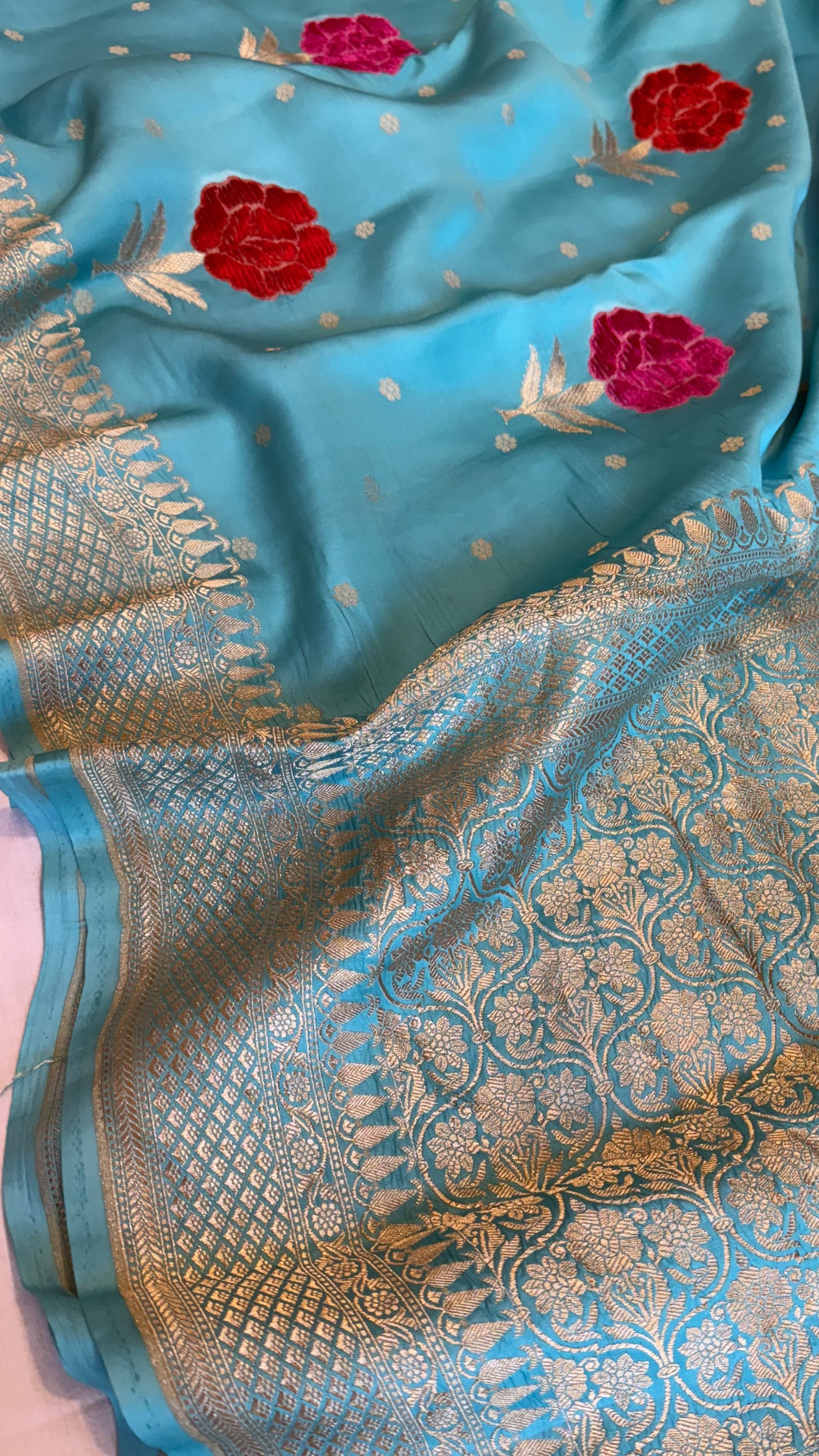 Ice blue banarasi mashru silk velvet buti kadhwa weaving saree