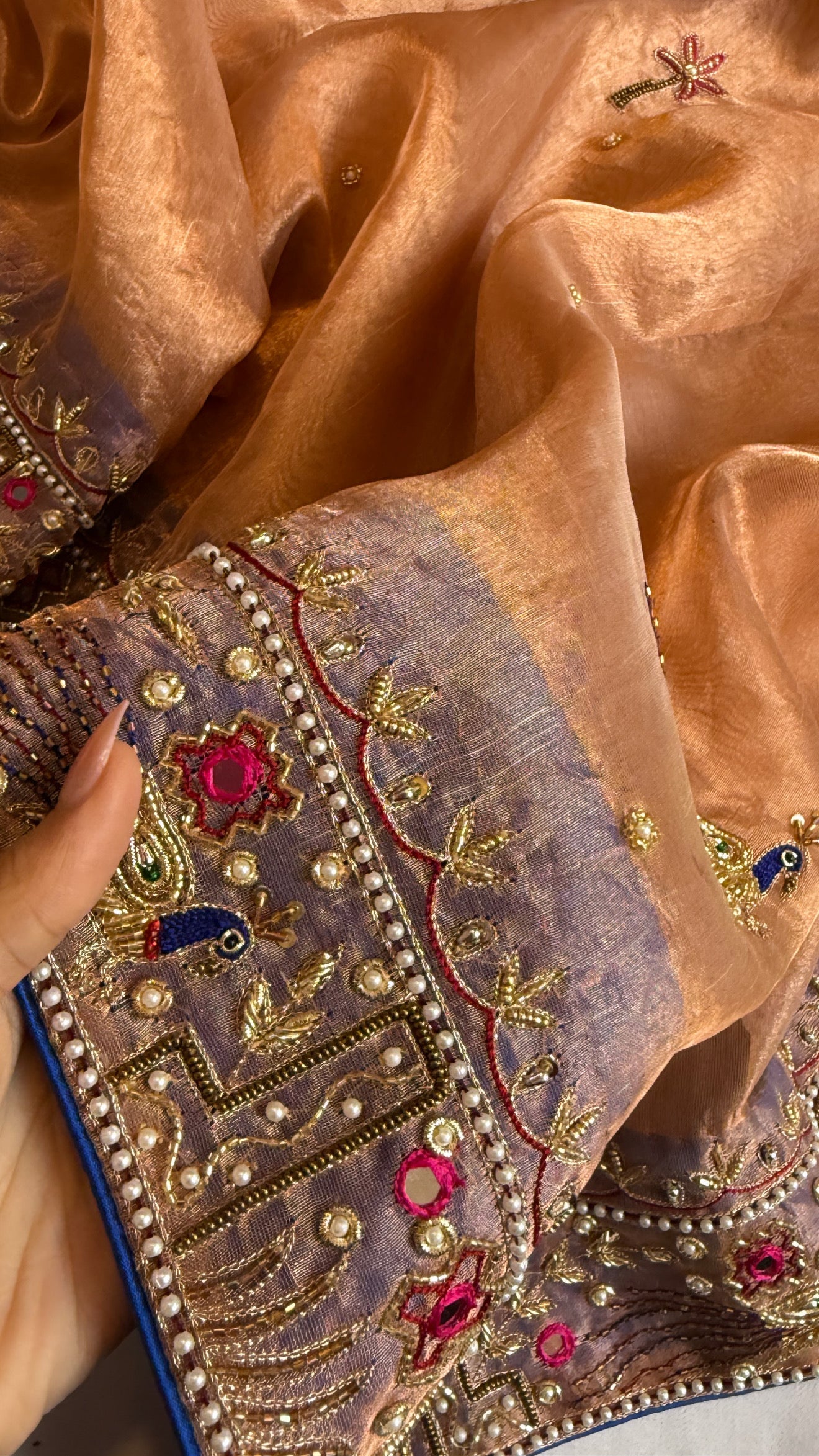 Sheeshmahal shikargah edit - Rose gold tissue silk hand embroidered elephant motif border kadhwa saree