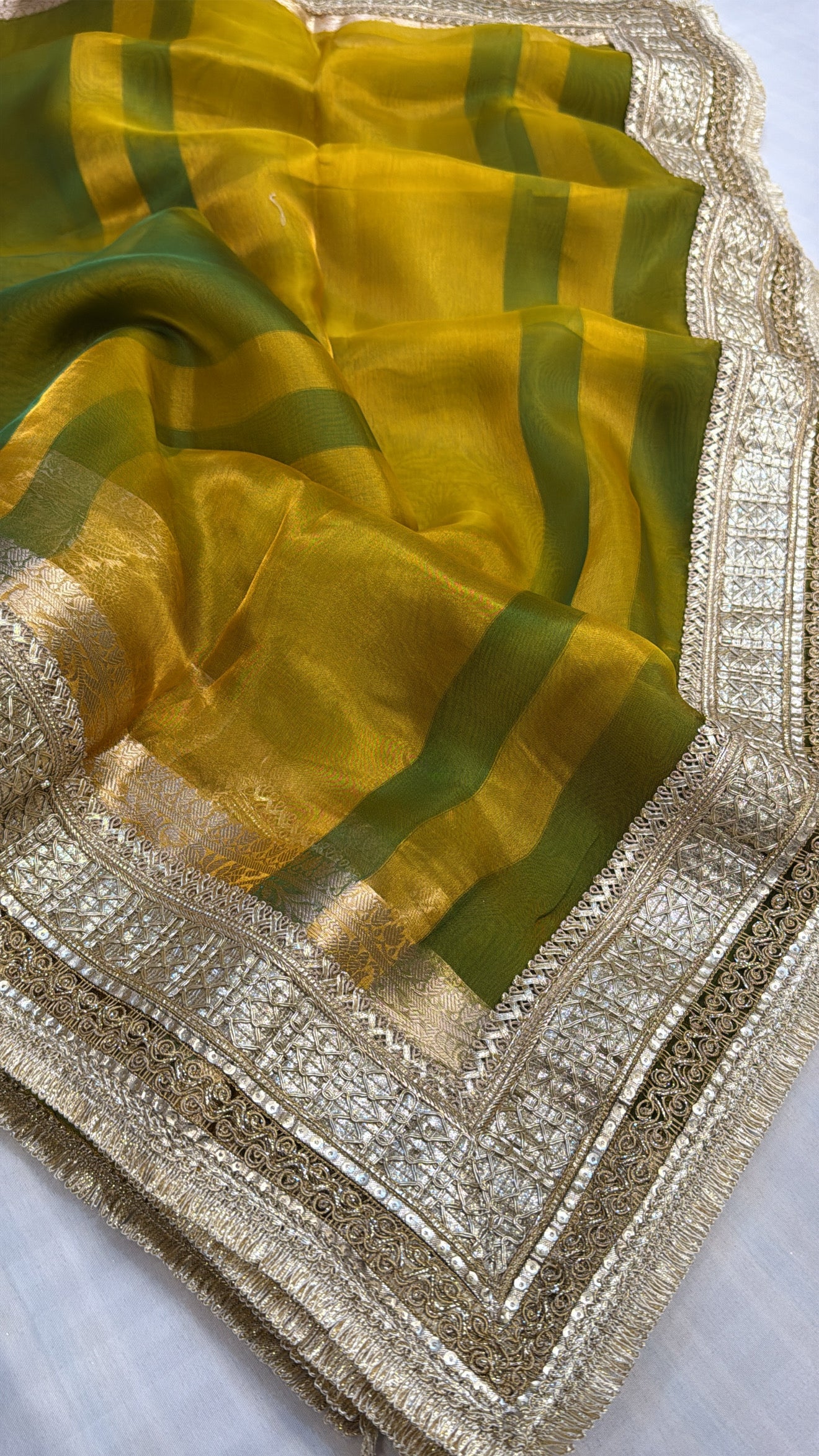 Maharani chutney green tissue silk kadhwa gotapatti saree