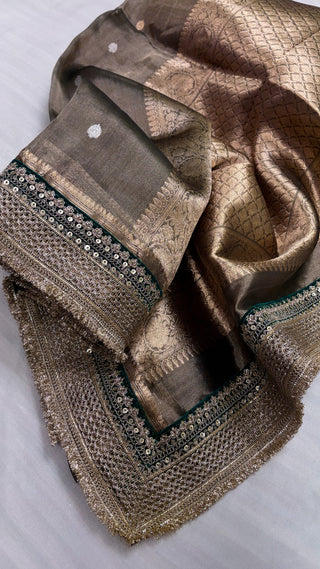 Maharani army green tissue silk kadhwa buti saree