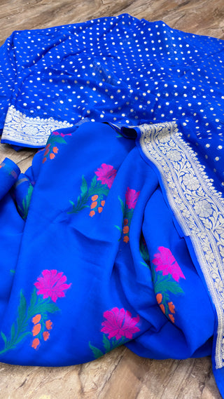 Ink blue banarasi gorgette kadhwa meenedar suit set