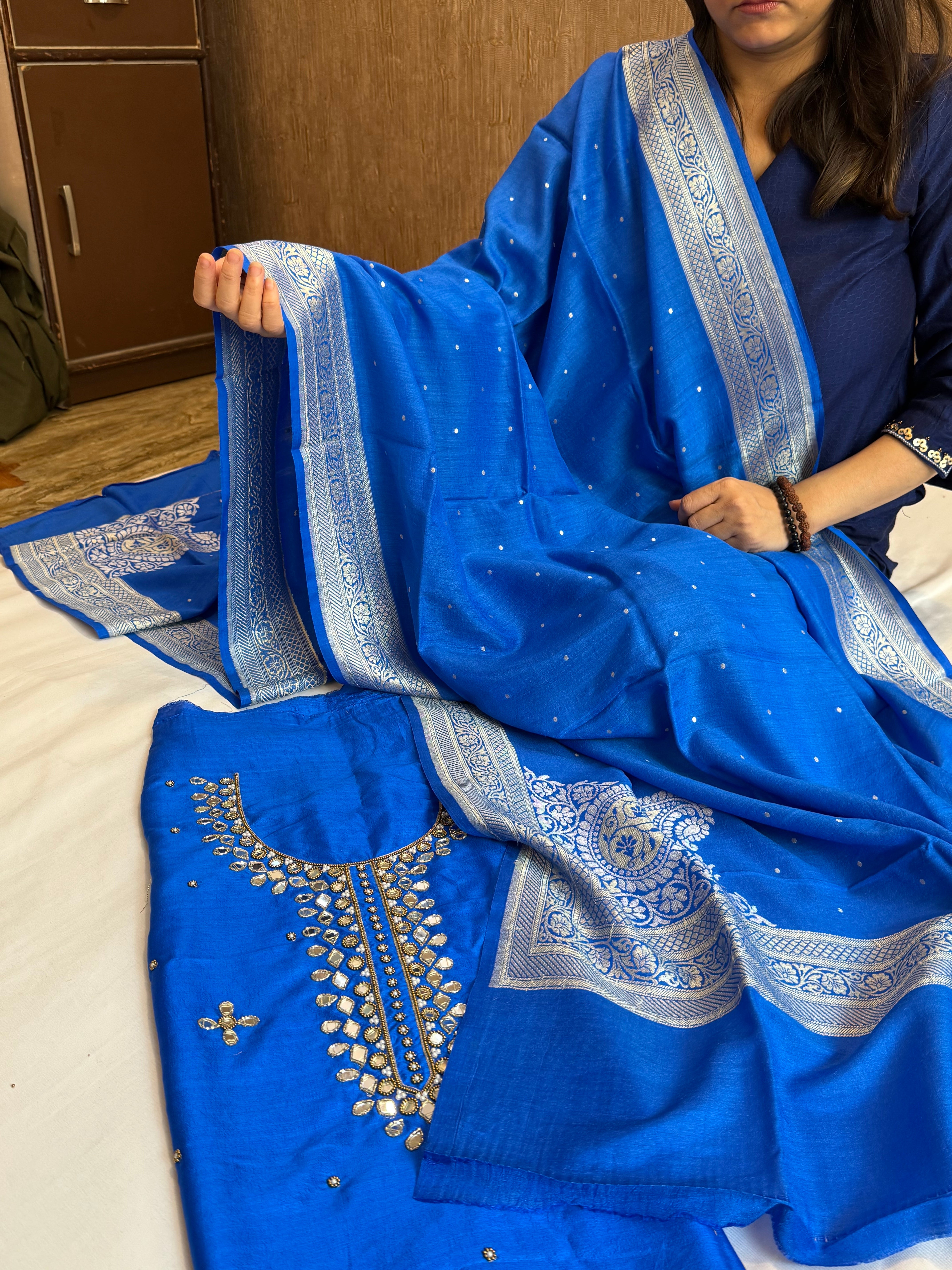 Sheesham ink blue mirror work hand embroidered katan silk suit set