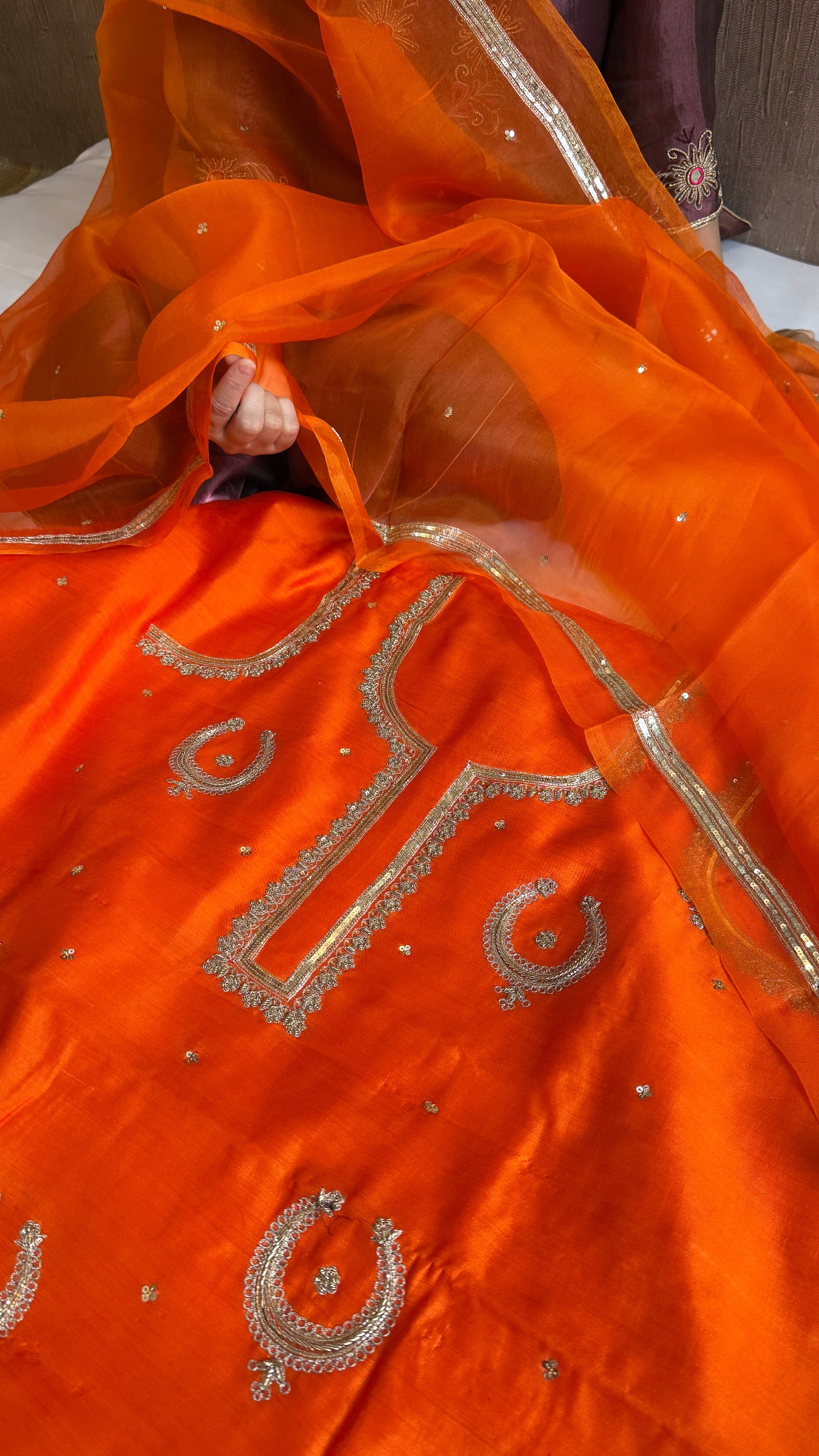 Fanta orange chand-buta chiniya silk kadhwa hand embroidered kurta paired with kora silk hand embroidered duppata set