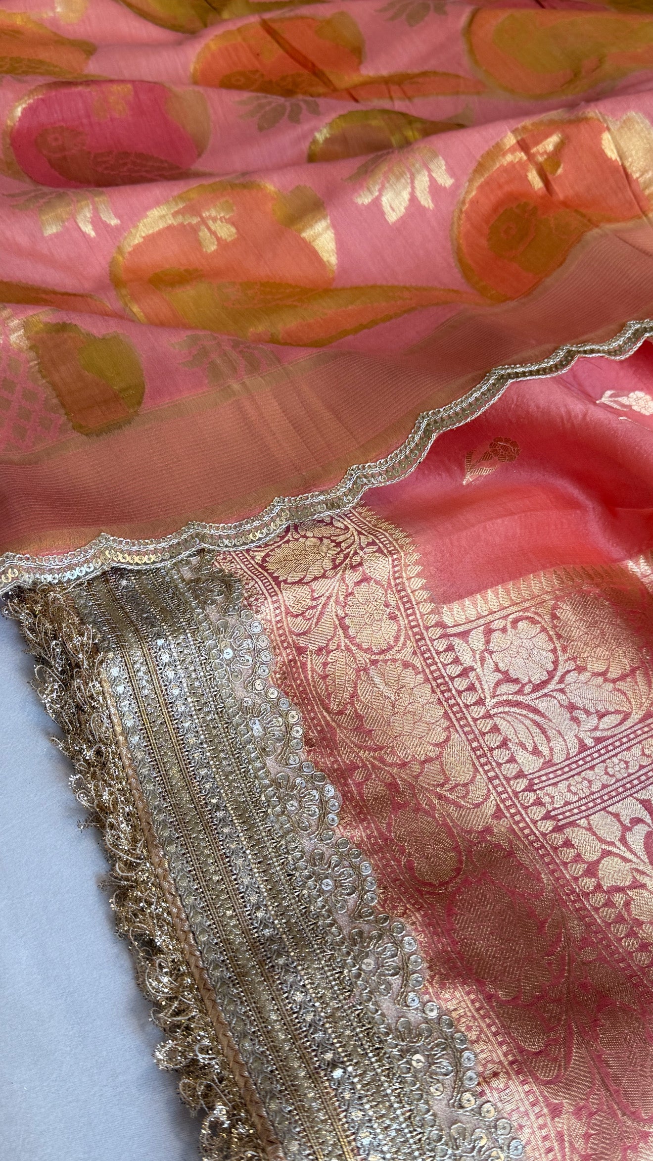 Kora silk chap dye contrast border kadhwa saree paired with moonga silk duppata