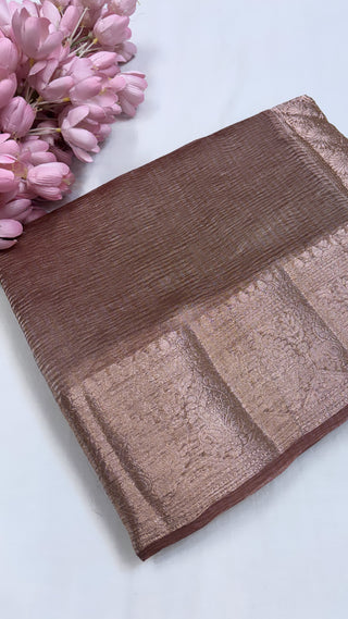 Pure banarasi english brown crushed tissue silk handwoven kadhwa saree with intricate border and kadhwa blouse