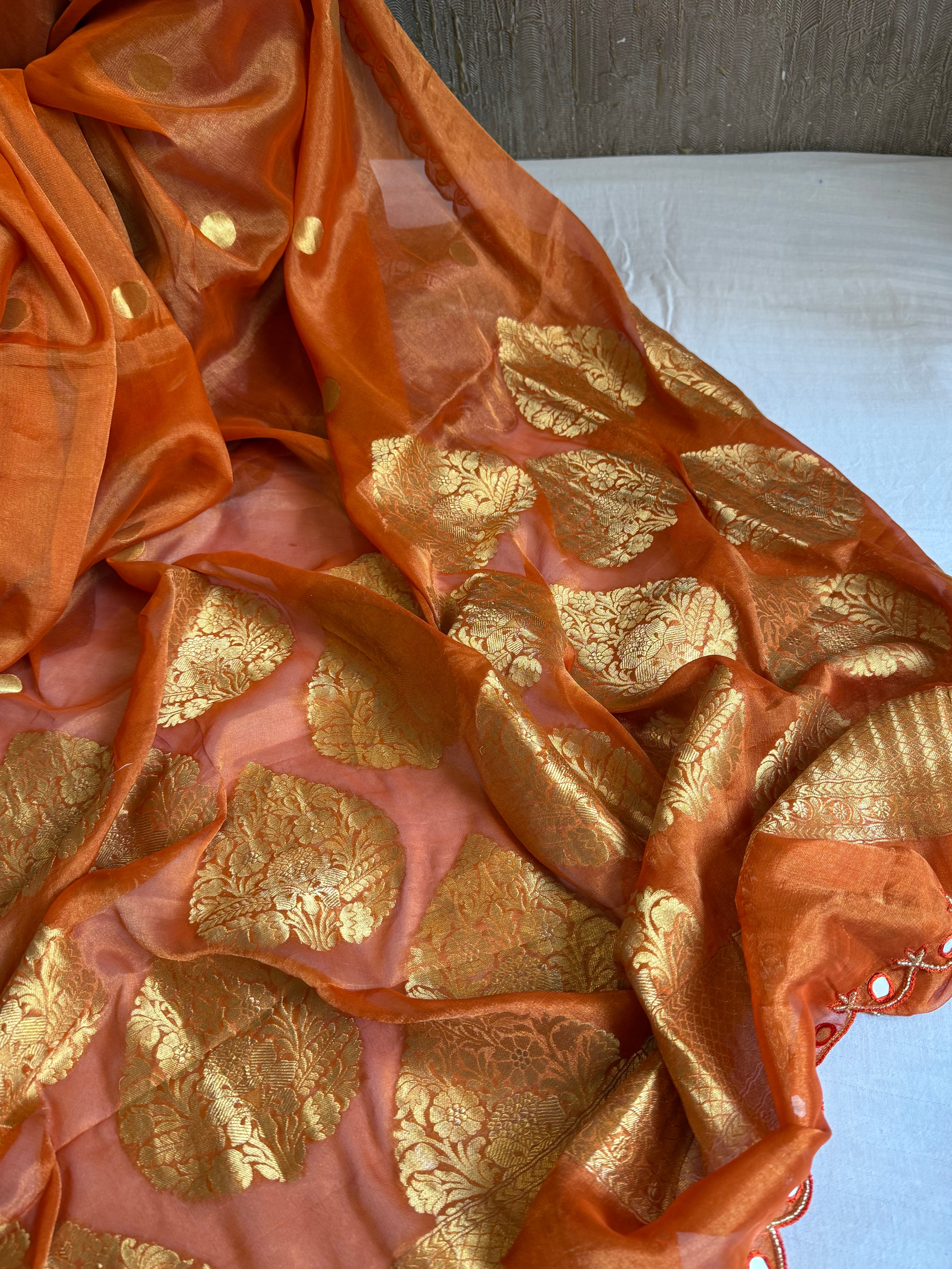 Fanta orange tissue gorgette kadhwa mirror work hand embroidered saree