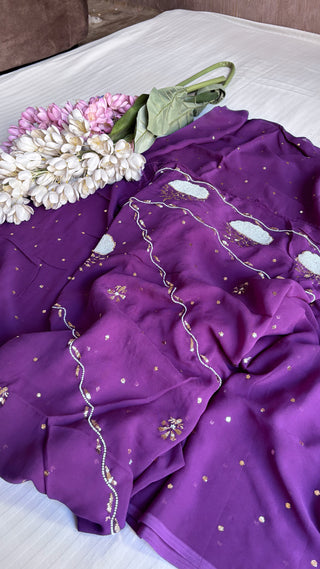 Pure banarasi purple gorgette katdana and mukaish pearl hand embroidered suit set