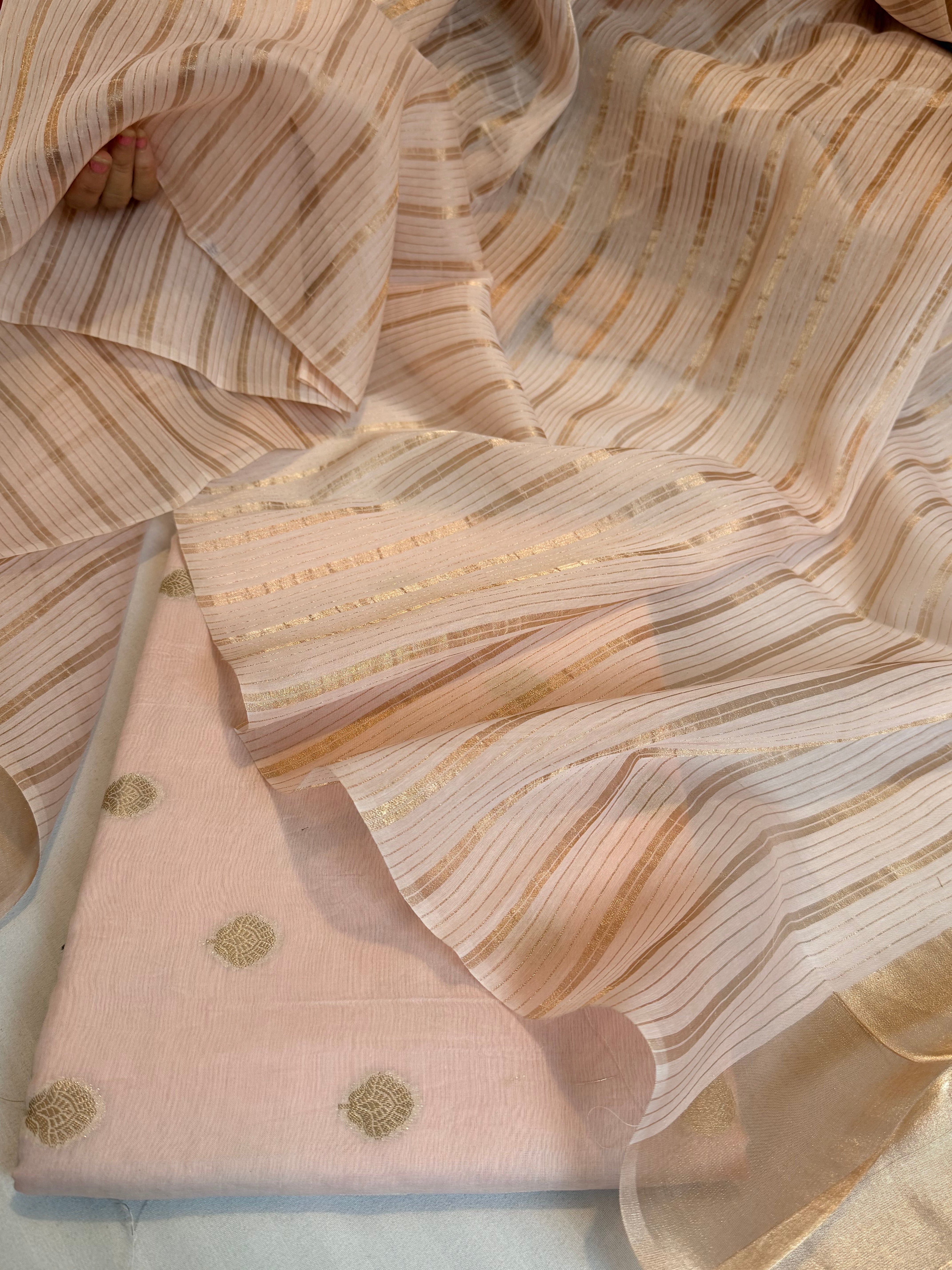 BELOW 8K - Blush peach zari cotton striped kadhwa buti banarasi suit set