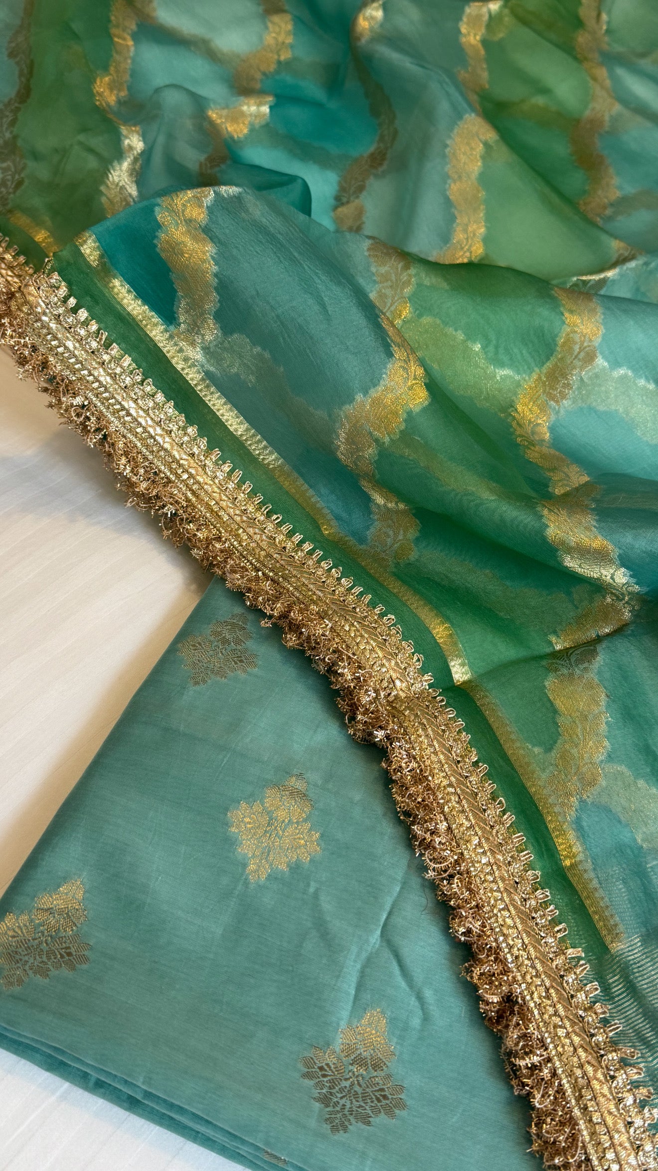 Shades of rama green - Kora silk rangkaat duppata paired with silk kurta set